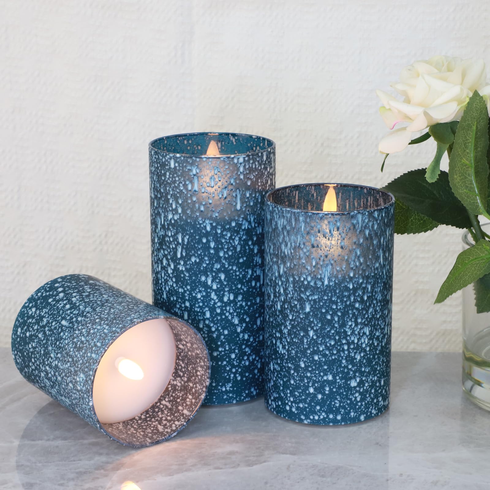 Blue Flickering Flameless Candles With Remote And Timer, Battery Operated Candles With Flickering Flame, Raindrop Decorative Gla