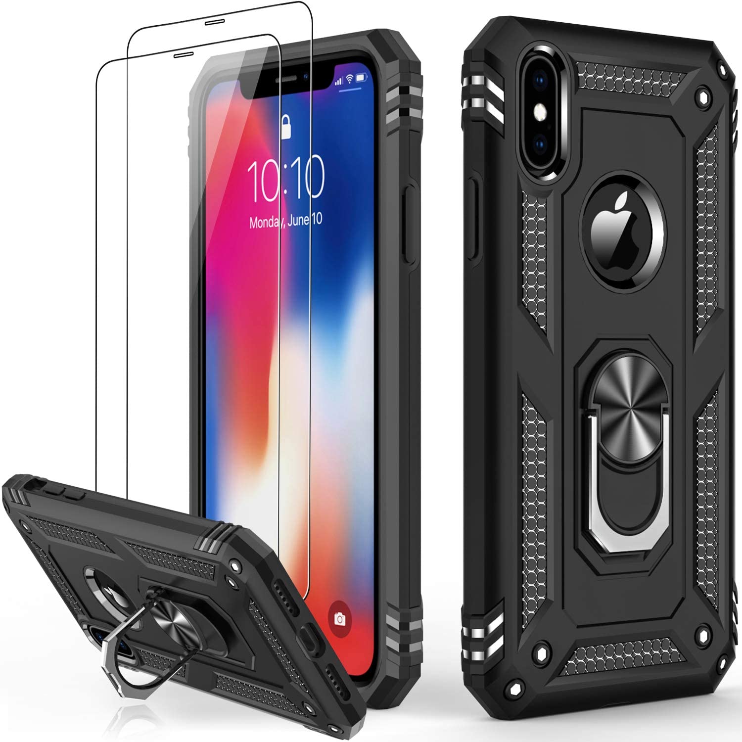 Lumarke Iphone Xs Max Case: Military Grade Drop Tested With Tempered Glass Protector & Magnetic Ring Kickstand   Black