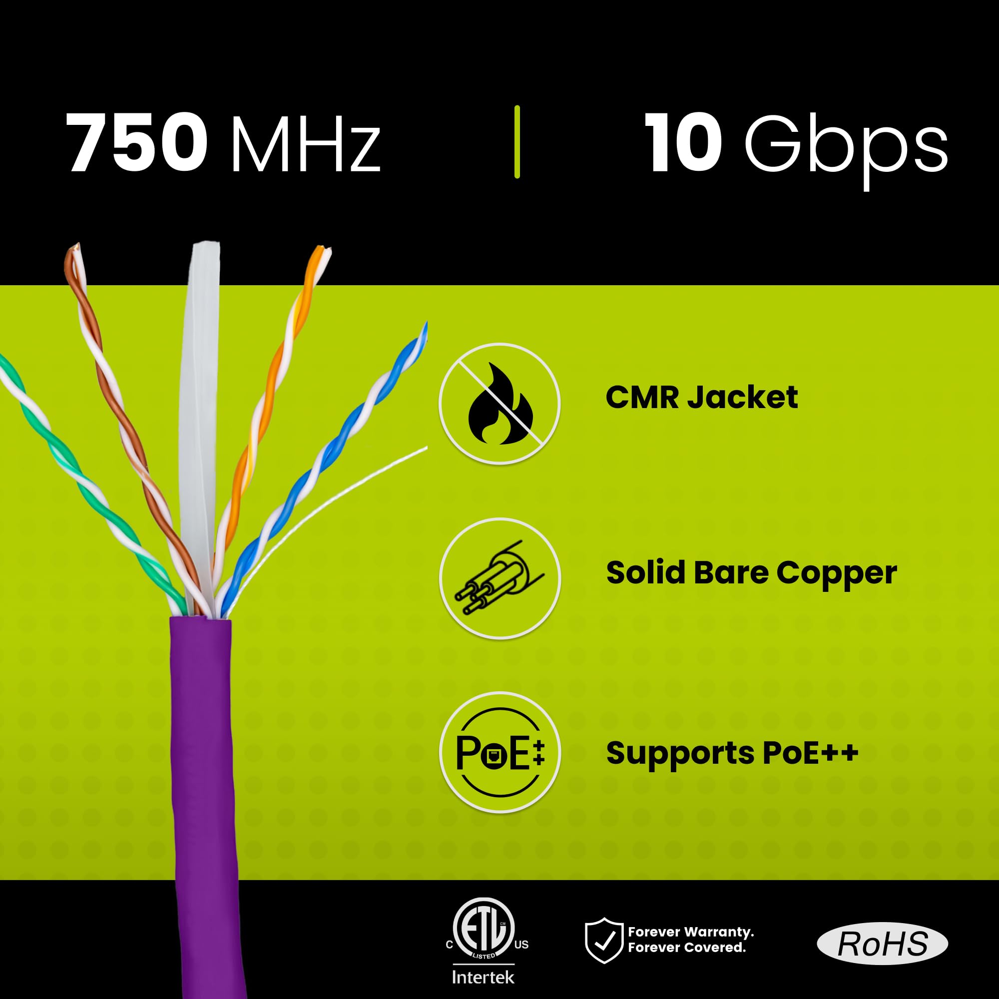 Truecable Cat6A Riser (Cmr), 1000Ft, Purple, 23Awg 4 Pair Solid Bare Copper, 750Mhz, Poe++ (4Ppoe), Etl Listed, Unshielded Twisted Pair (Utp), Bulk Ethernet Cable