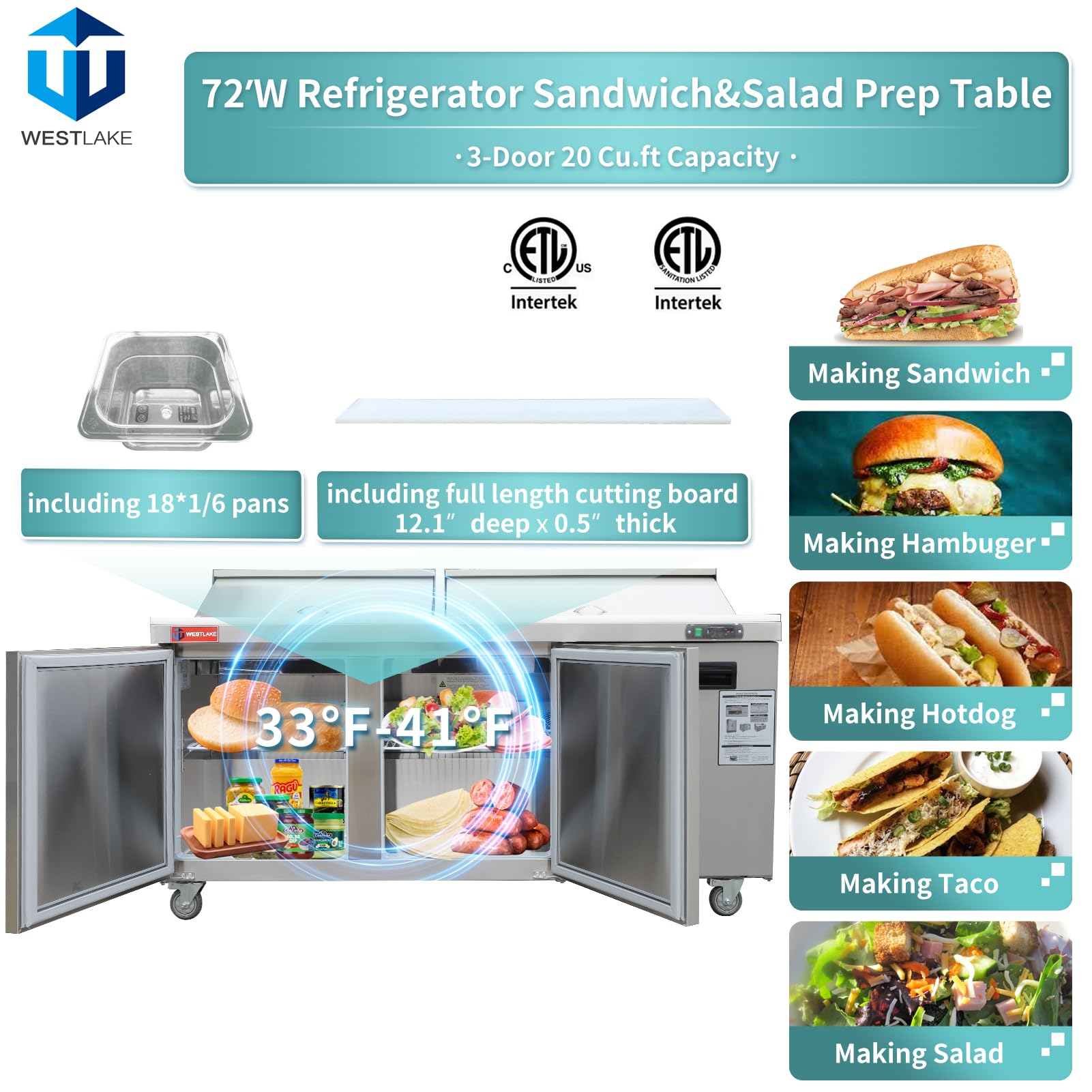 Westlake 72'' W 3 Door Refrigerator Sandwich&Salad Prep Table Commercial Stainless Steel Counter Fan Cooling Refrigerator With 1