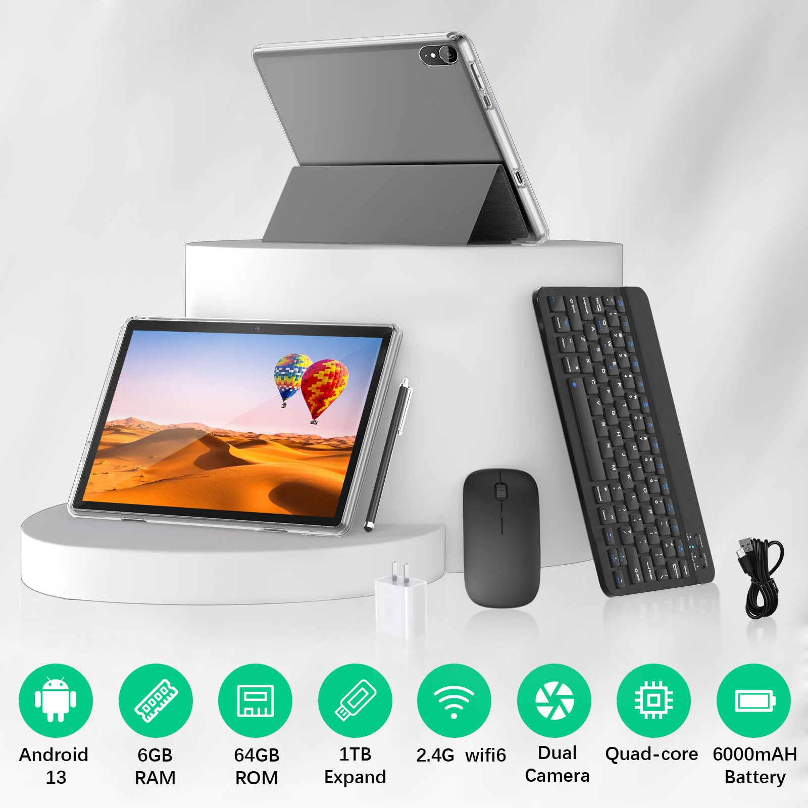 10 Inch Android 13 Tablet, 8Gb Ram 64Gb Rom 1Tb Expand, 2 In 1 Tablets With Keyboard, Case, Mouse, Stylus, 1280X800 Ips Touch Sc