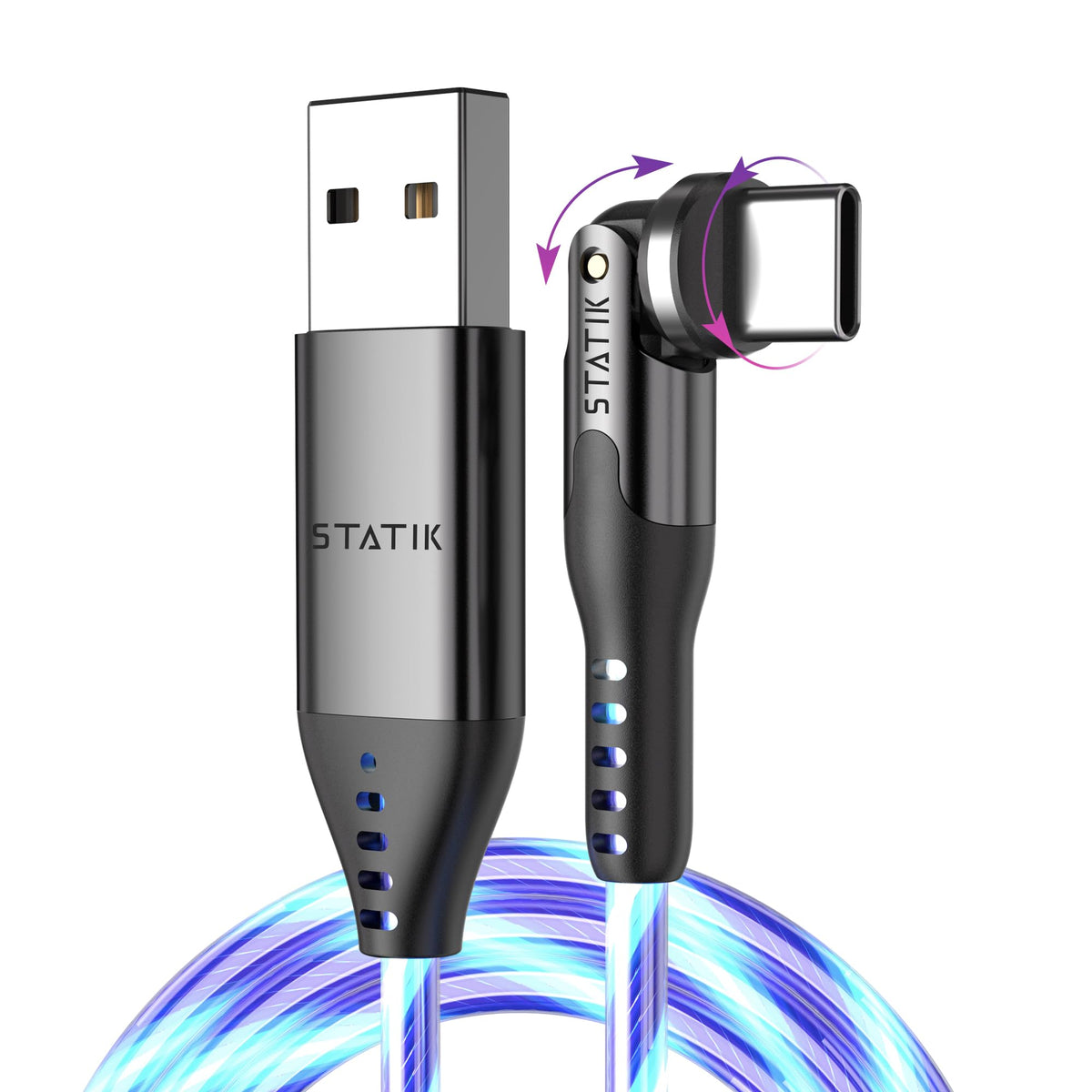 Statik Powerpivot 12W Globright Right Angle Charging Cable, Light Up Swivel Head Cable, Led Glowing Usb C Charging Cable, 3Ft/1M