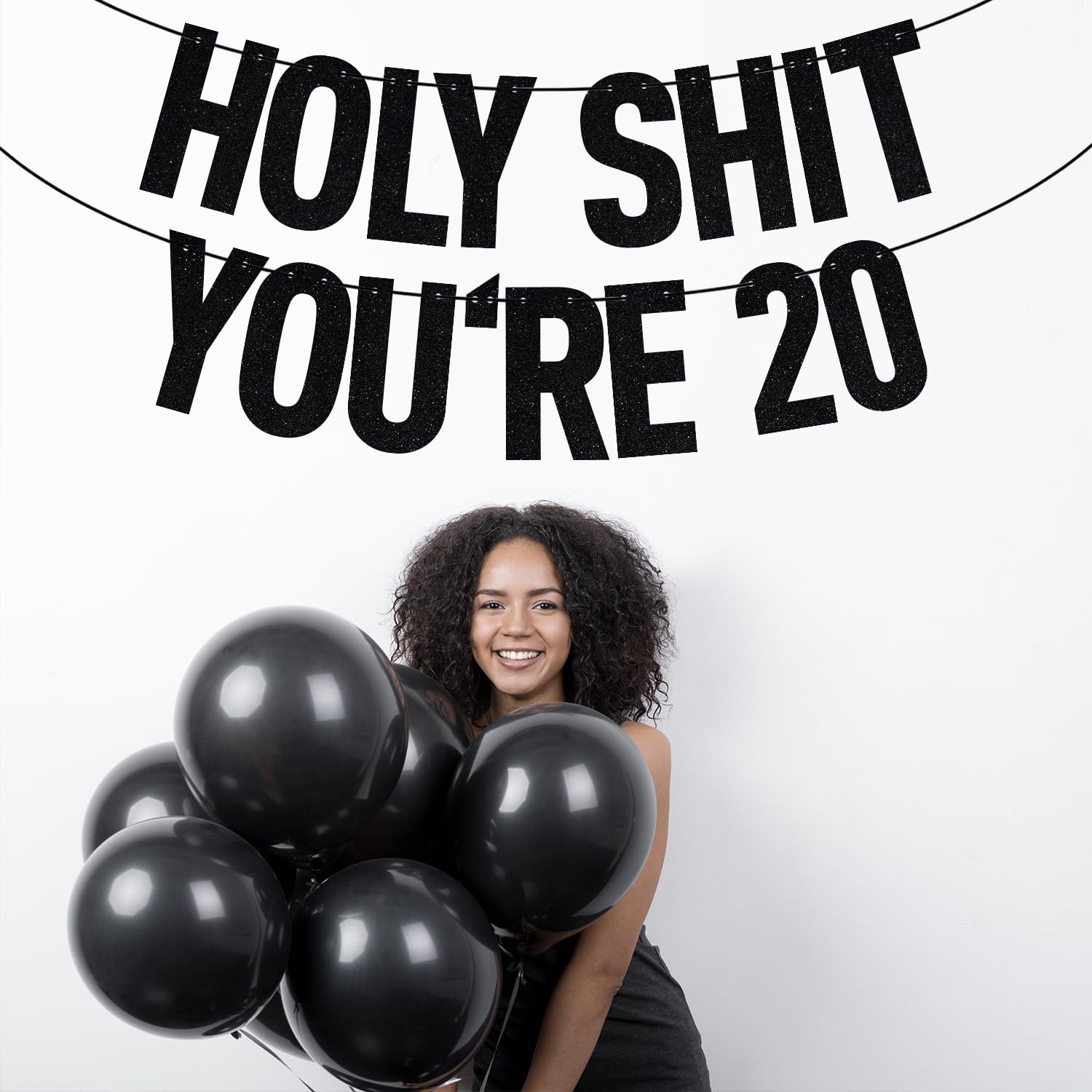 Black Glitter Holy Shit You'Re 20 Banner, Happy 20Th Birthday/Cheers To 20 Years, 20Th Birthday Party Decorations Supplies