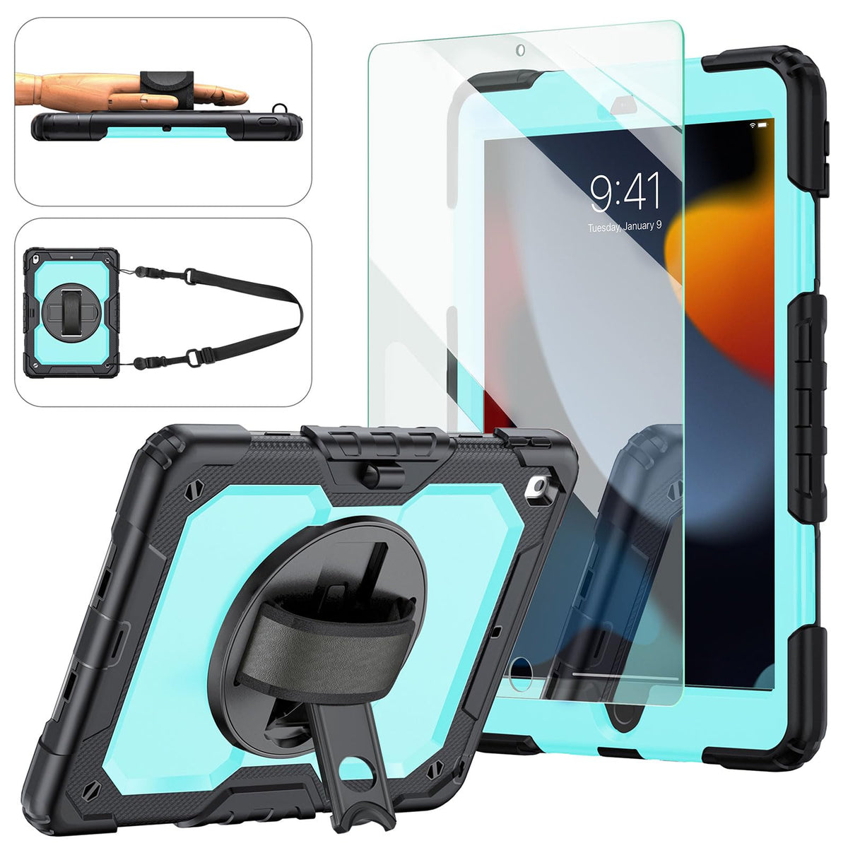 Ipad 9Th/8Th/7Th Generation Case, Ipad 10.2 Case 2021/2020/2019, [Kid Proof] Ambison Drop Proof Case With 9H Screen Protector, Rotatable Kickstand & Hand Strap, Shoulder Strap (Sky Blue & Black)