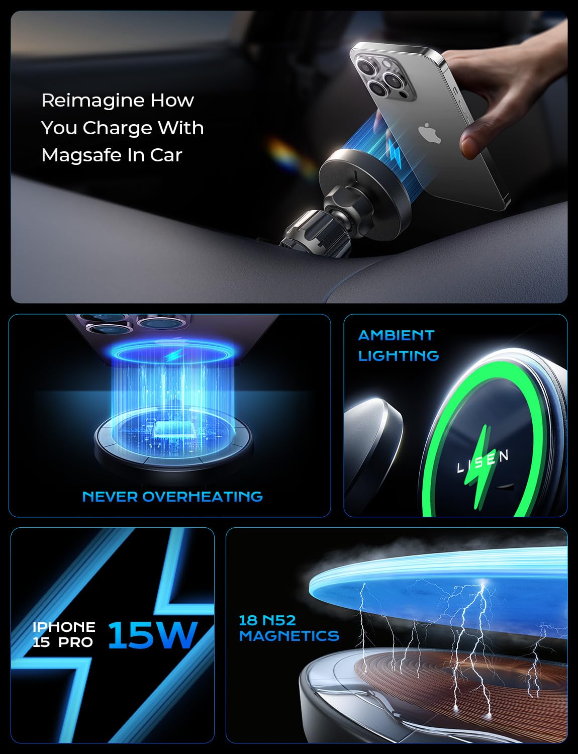 Lisen For 15W Magsafe Car Mount Charger,Magnetic Wireless Car Charger For Iphone 16 Pro Max Accessories,Magnetic Phone Holder Fo