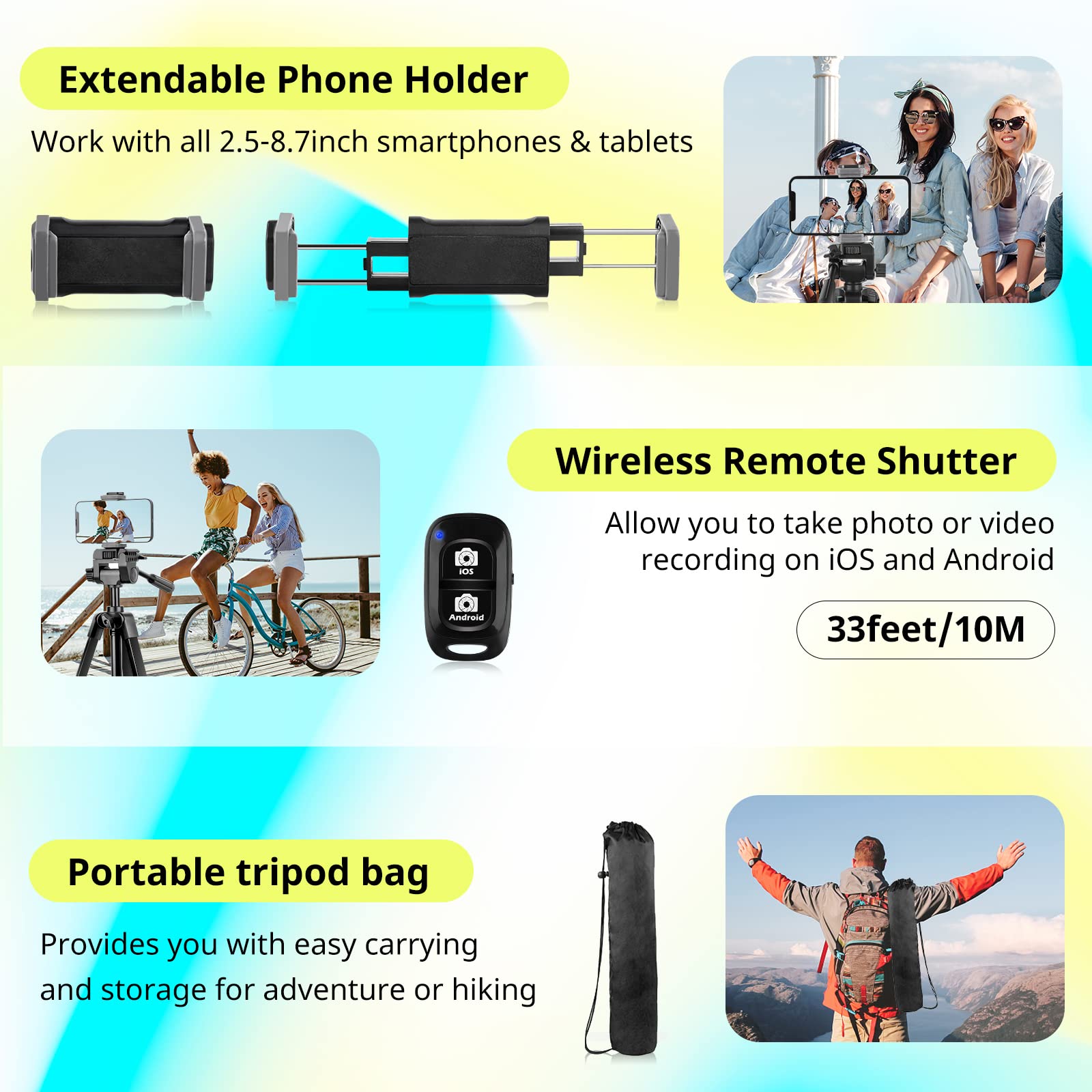 Sensyne 64' Camera Tripod Stand, Versatile Phone & Ipad Tripod With Wireless Remote And 2 In 1 Phone Holder For Selfie/Video Recording/Photo/Live Stream/Vlog