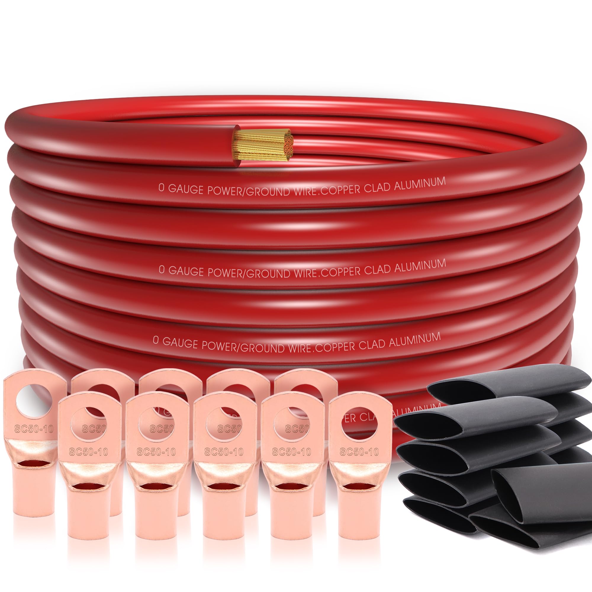 20Ft 1/0 Gauge Wire Copper Clad Aluminum Caa,10Pcs Lugs Terminal Connectors With 3:1Heat Shrink Tube For Power/Auto,Amplifier,Gr
