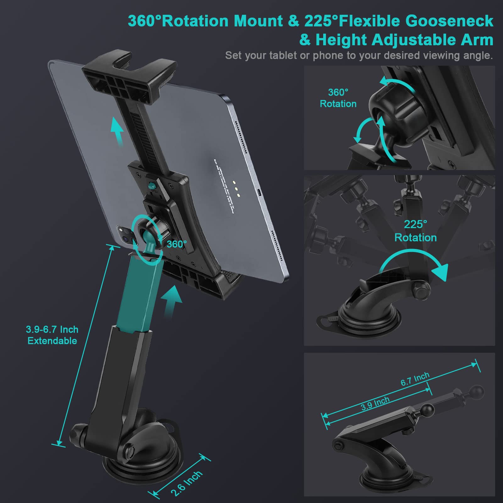 Car Dashboard & Windshield Tablet Mount Holder, 360 Rotation Window Dash Stand For Ipad Pro 12.9/11/10.5/9.7/Air/Mini, Samsung G