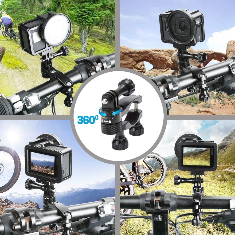 Forevercam Bike Handlebar Mount For Gopro (360� Rotation And Lock Any Direction) 0.6 1.3Inch All Aluminum Bike/Motorcycle Handlebars Seat Post Ski Pole Mount For Gopro Hero 8/9/10/11/12/13(Black)