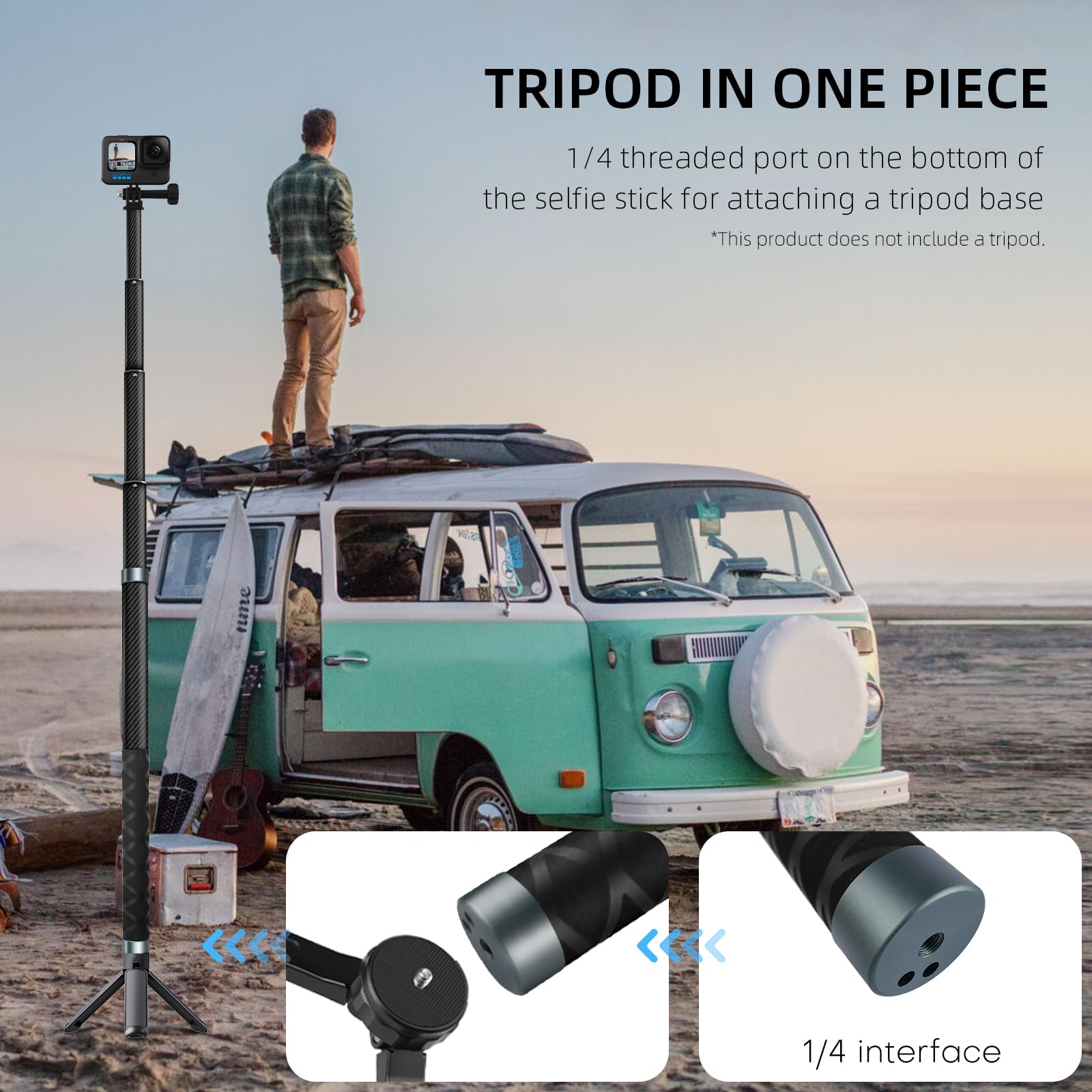 Reygeak 59 Inch Selfie Stick Long Invisible Pole For Gopro 13 Carbon Fiber Waterproof Extension Monopod For Gopro Hero 13/12/11/