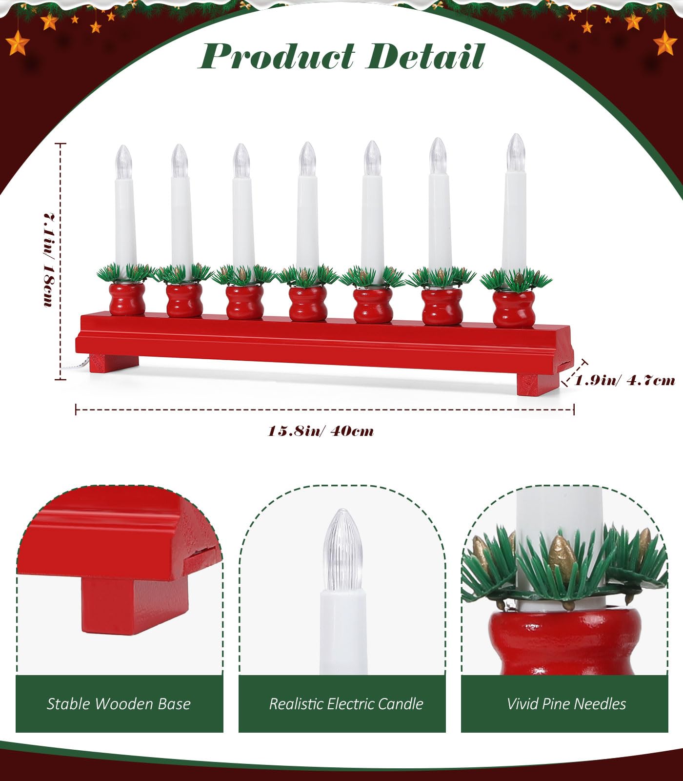 Lewondr Electric Christmas Candelabra With 7 Flameless Taper Candles, Usb Powered Wooden Candle Bridge Light For Decorative Xmas