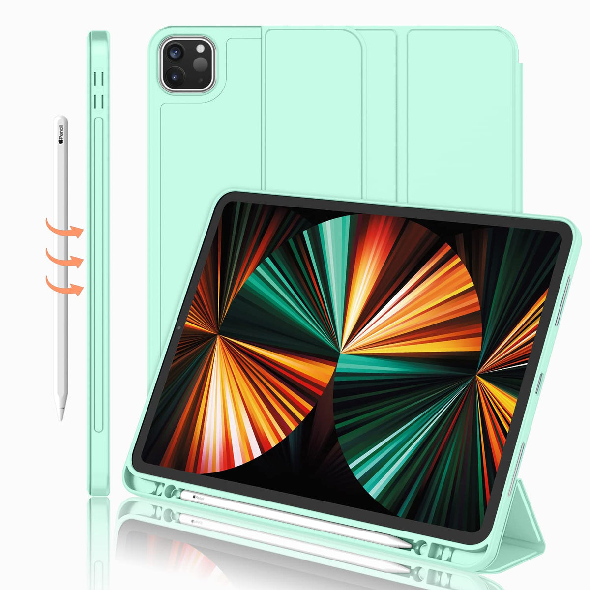 Imieet New Ipad Pro 12.9 Case 2022(6Th Gen)/2021(5Th Gen) With Pencil Holder [Support Ipad 2Nd Pencil Charging/Pair],Trifold Stand Smart Case With Soft Tpu Back,Auto Wake/Sleep(Light Green)