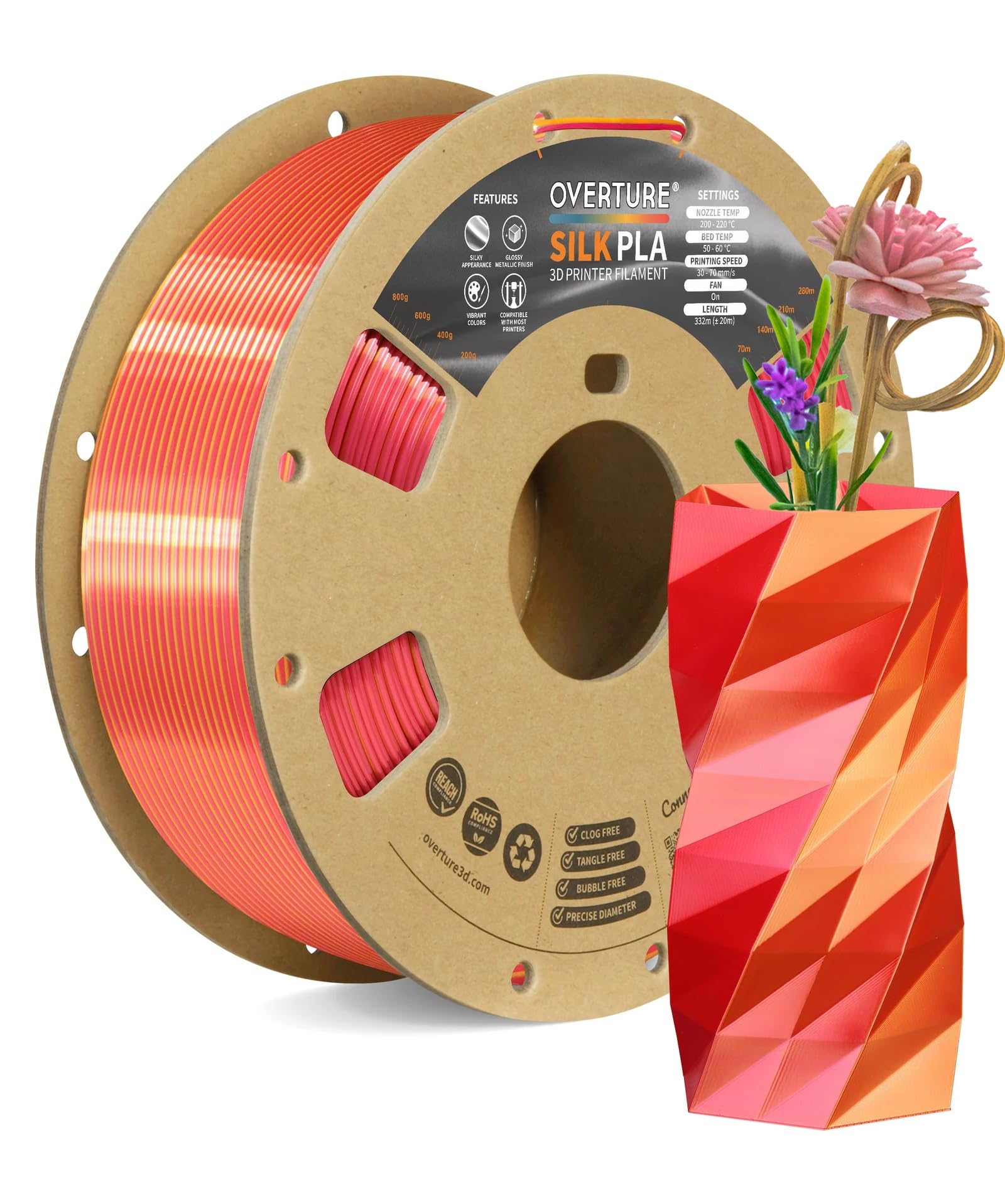 OVERTURE Silk PLA Dual Color Filament 1.75mm, Bi-Color Shiny PLA Finish, Smooth & Glossy, 1kg Spool (2.2lbs), Ideal for Cosplay 