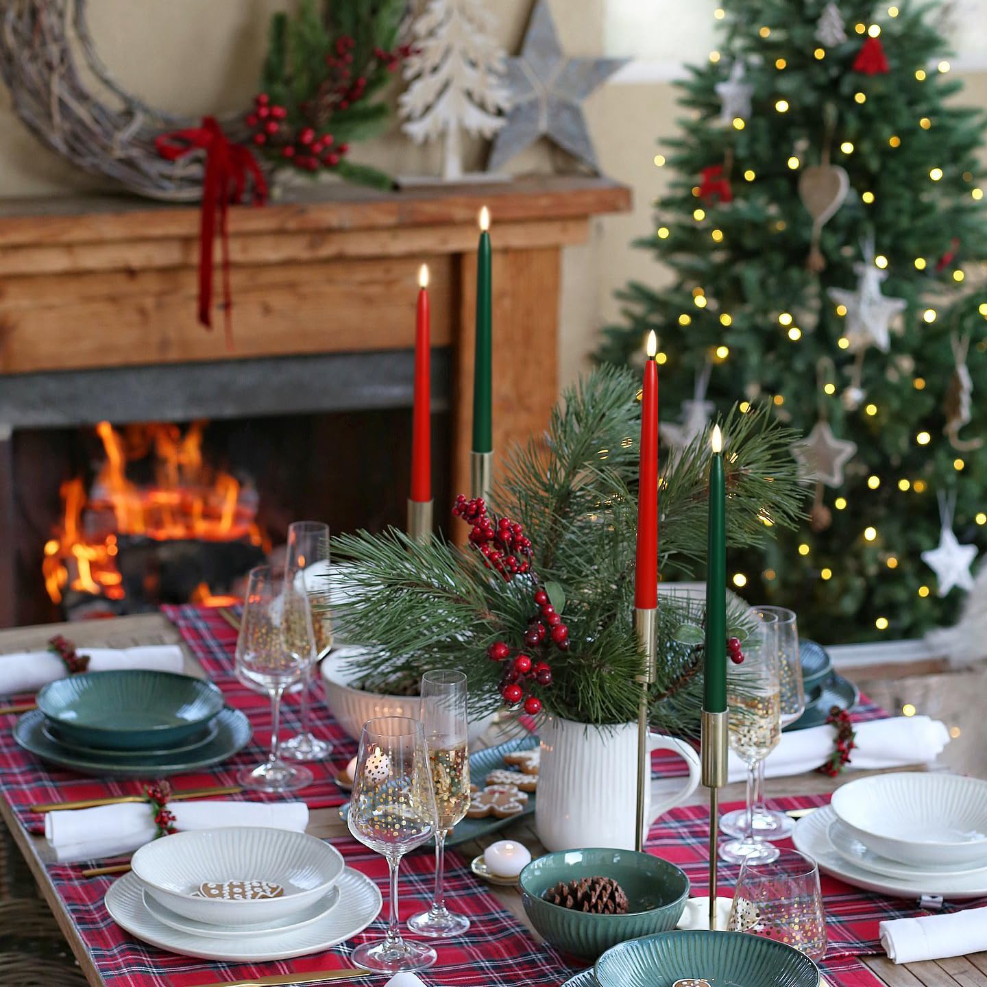 Stmarry Green And Red Flameless Taper Candles With Remote Control   11 Inch Led Candlesticks Battery Operated, Realistic 3D Flam