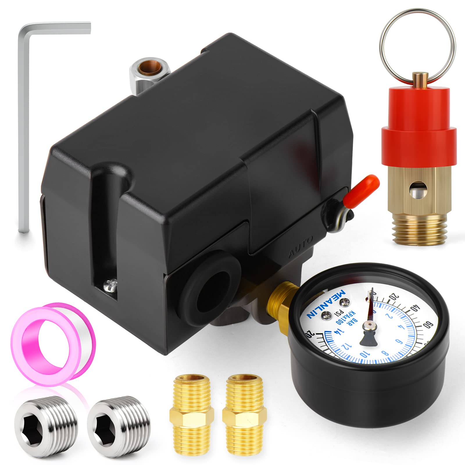 Meanlin Measure Air Compressor Pressure Switch Control Valve 110 150 Psi 110V 240V 4 Way Replacement Parts With 0 200 Pressure G