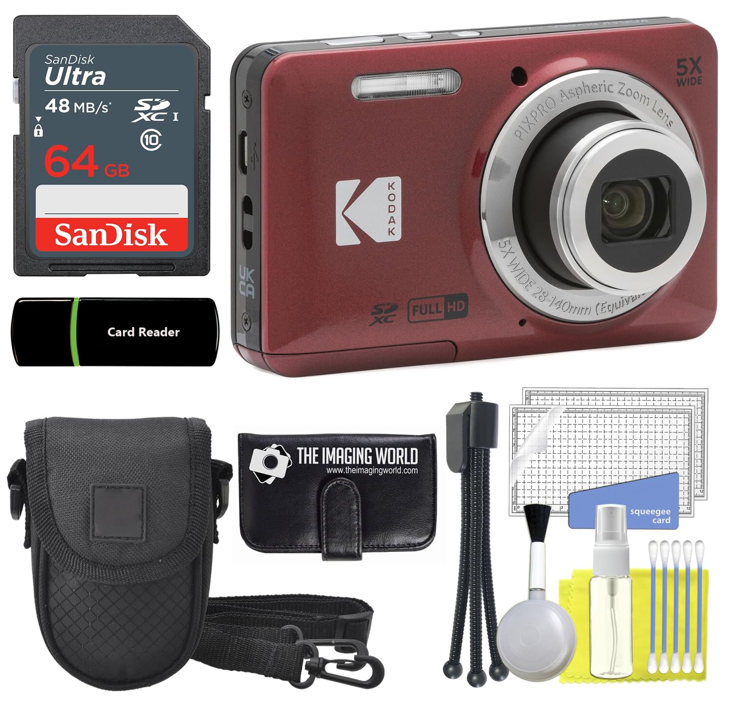 Kodak PIXPRO FZ55 Red 16MP Digital Camera 5X Optical Zoom 28mm Wide Angle 1080P Full HD Video 2.7 LCD Camera + 64GB Card and Rea
