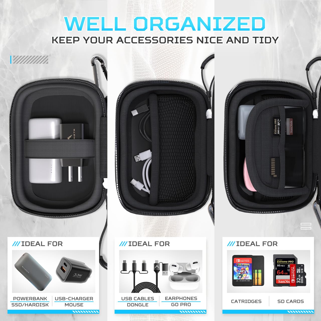 Futurizta Tech� Mini Hard Shell Eva Carrying Case Impact & Water Resistant With Carabiner, Sd Card Slot 9Cm X 13Cm For Mini Powerbank, Charger, Cable, Ssd And Earphones