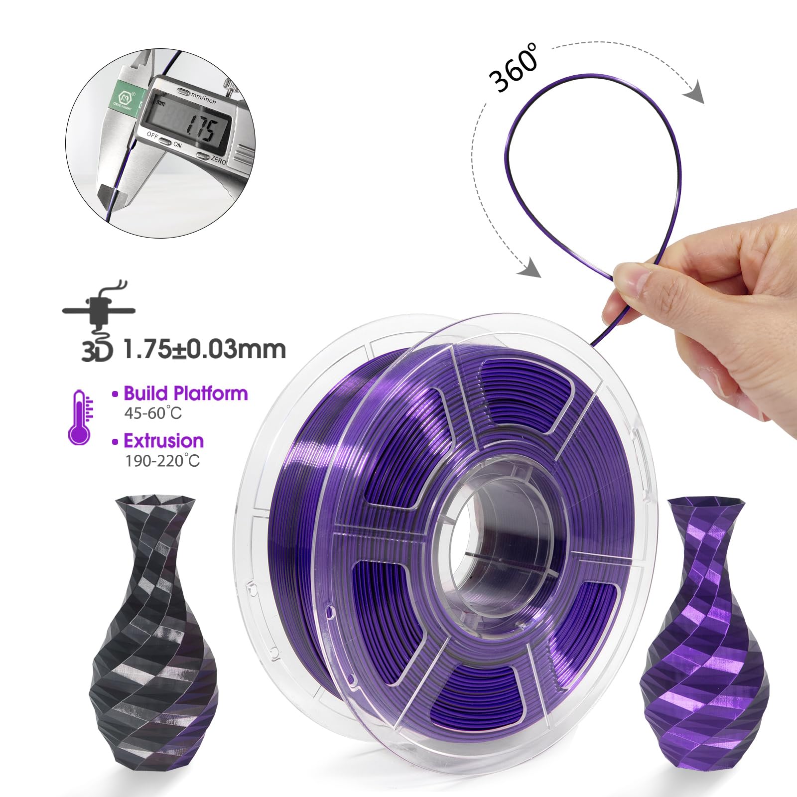 Isanmate 3D Printer Filament, Multicolor Transparent Transition Glitter Filament, Gradient Purple Blue Multicolor Pla Filament,