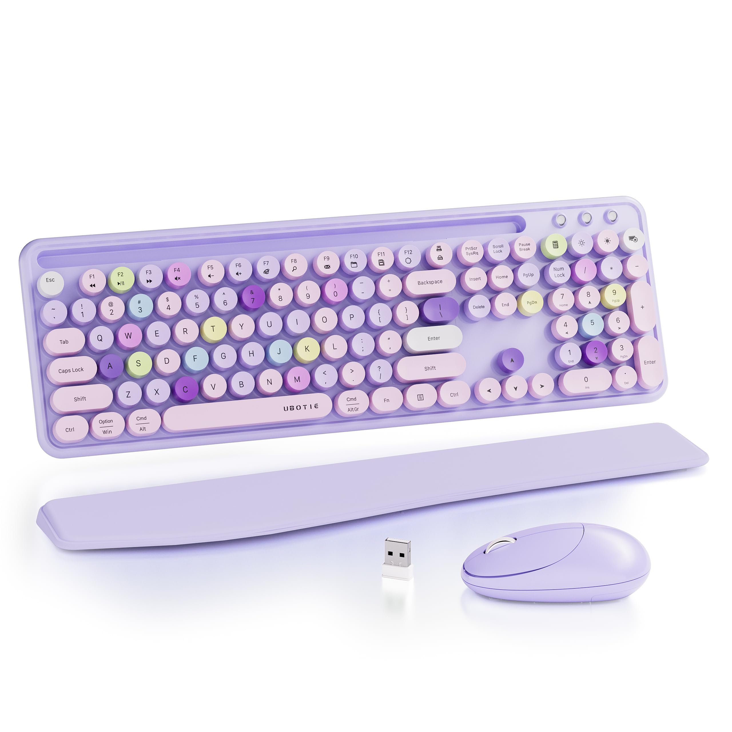 UBOTIE Wireless Keyboard and Mouse Combo with Phone Holder Wrist Rest, Round Colorful Keys, Power Switches, 2.4GHz USB Receiver,