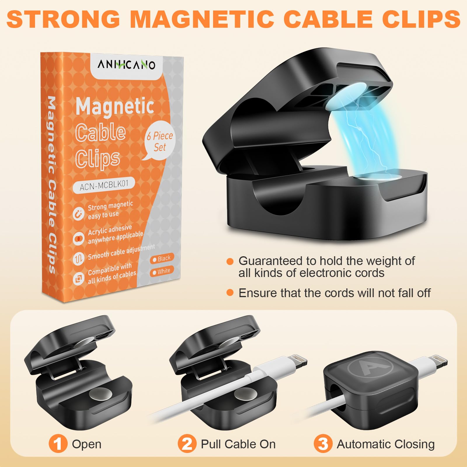 Magnetic Cable Clips, 6 Pack Magnetic Cord Organizer Cable Holder, Anihcano Acrylic Adhesive Wire Charger Holder For Home Office
