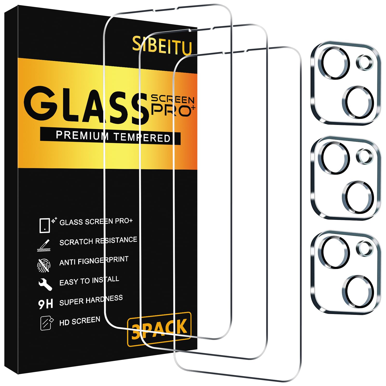 Sibeitu 3 Pack Screen Protector For Iphone 14 With 3 Pack Camera Lens Tempered Glass Protector, 6.1 Inch Hd Clear Tempered Glass