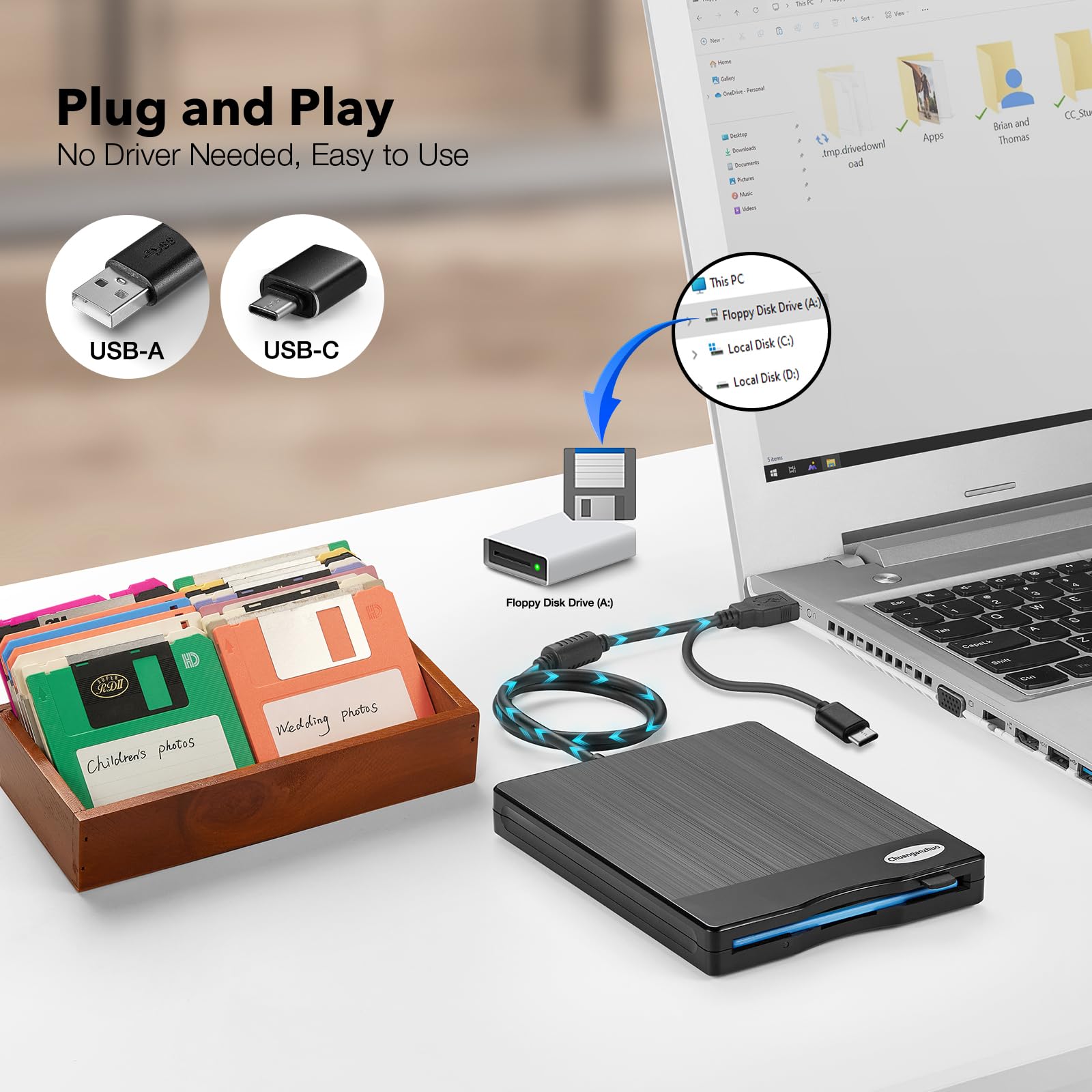 Chuanganzhuo 3.5 Inch USB Floppy Disk Reader - Portable External Drive for PC, Laptop, Windows 11/10, Compatible with 3.5 Floppy Disks