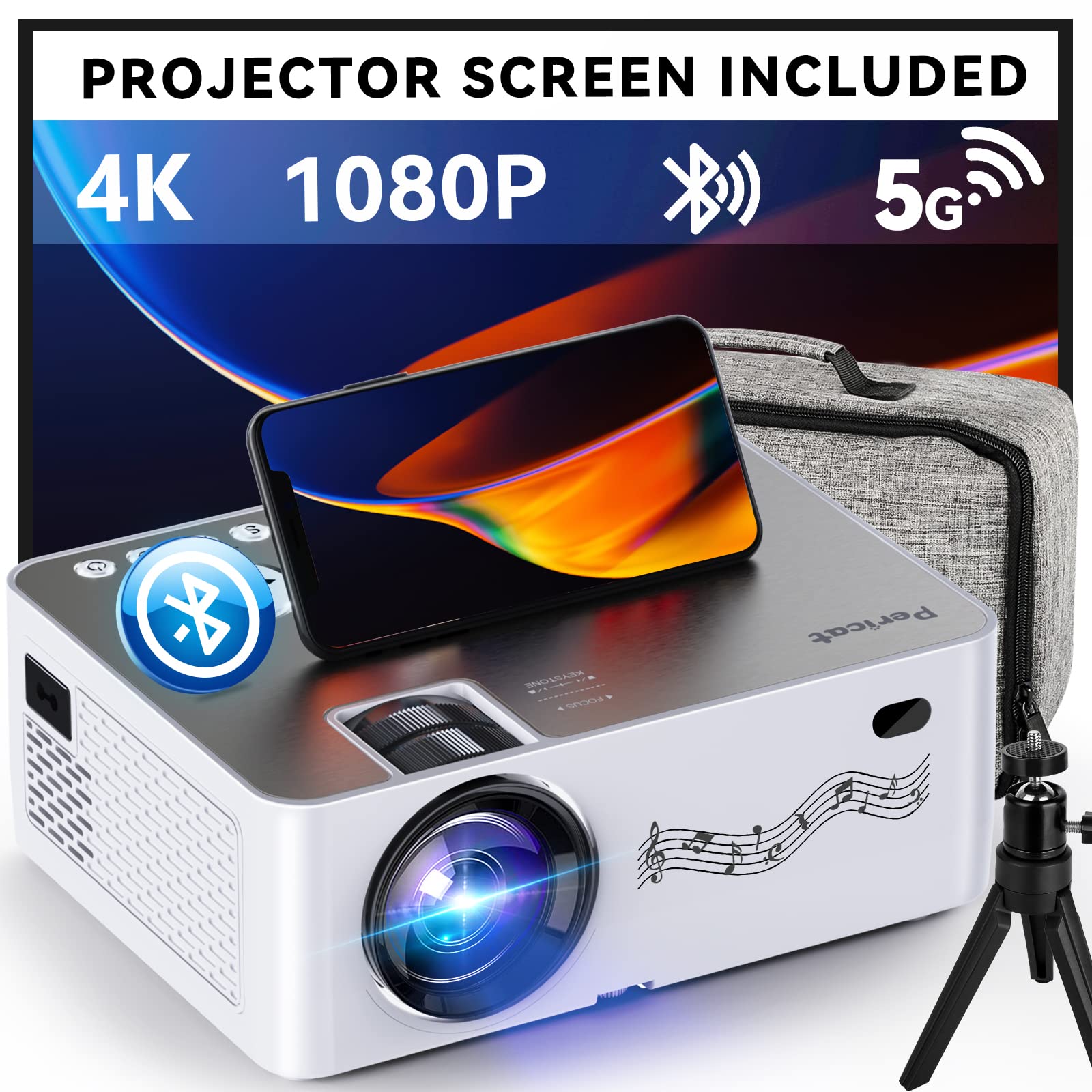 Projector with WiFi and Bluetooth, 5G WiFi Native 1080P/16000L Video Projector with Screen, 4K Support Outdoor Projector, 350 