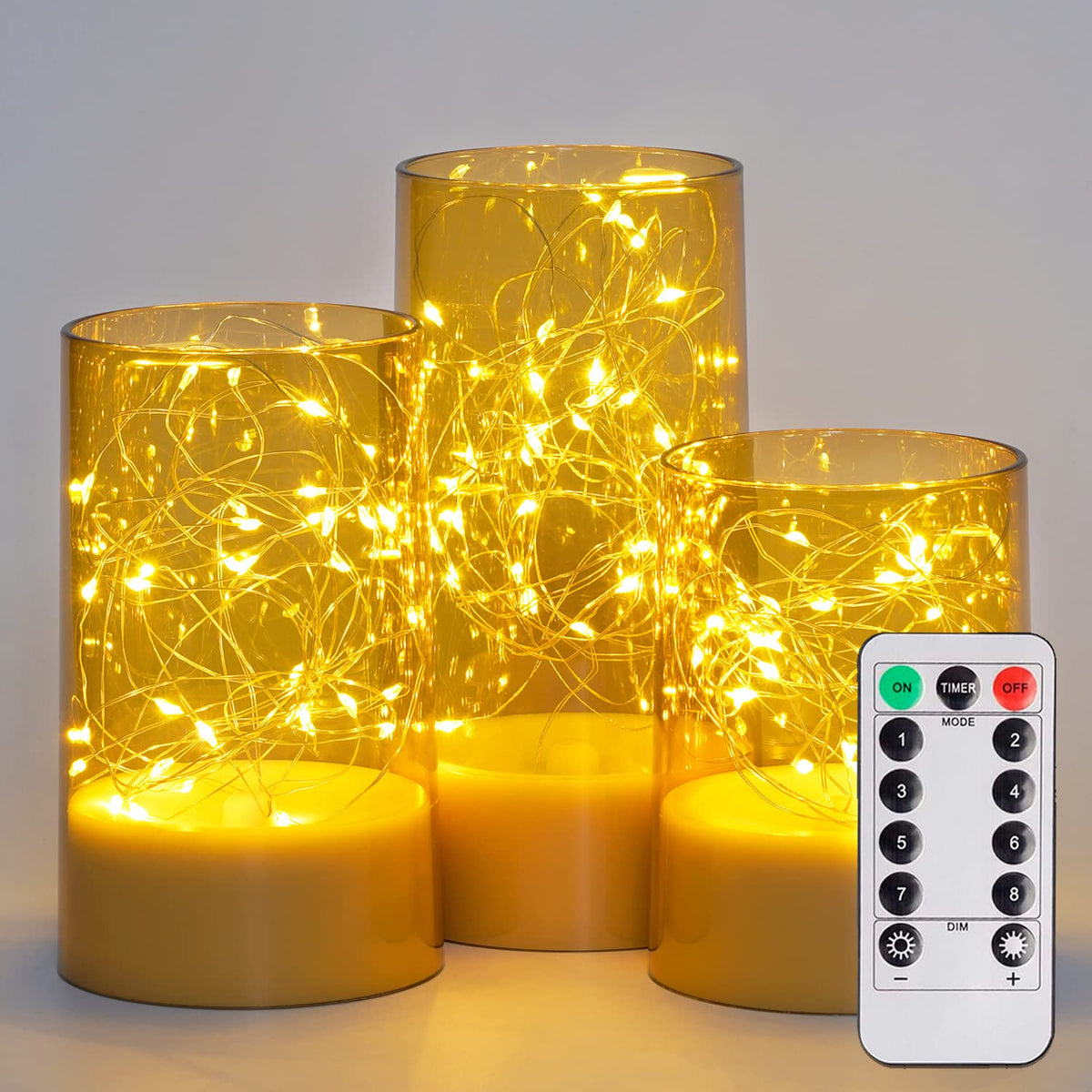 Homemory Flickering Flameless Candles With Remote, Embedded String Lights In Acylinder Led Candles, Battery Operated Fake Candle