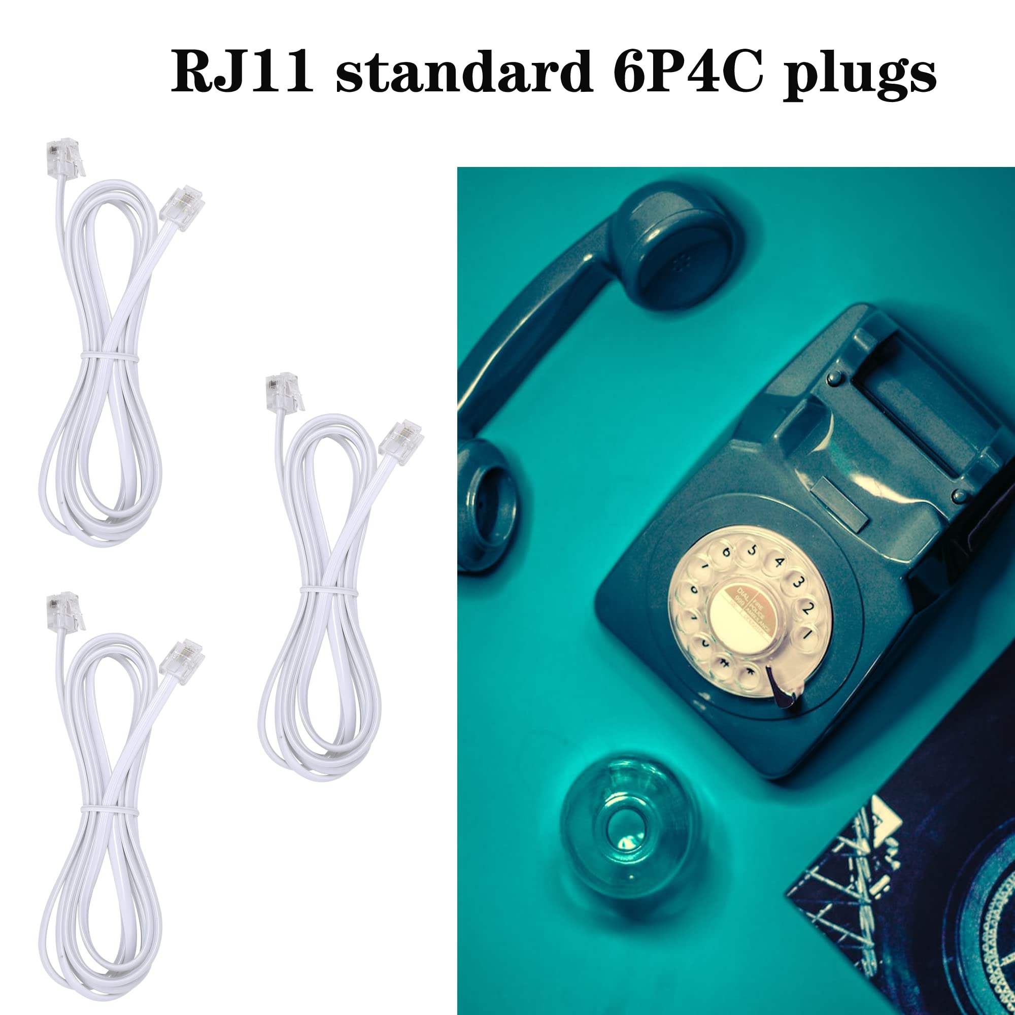 Telephone Landline Extension Cord Cable Cord With Standard Rj 11 6P4C Plug (3Ft 3Pack, White)