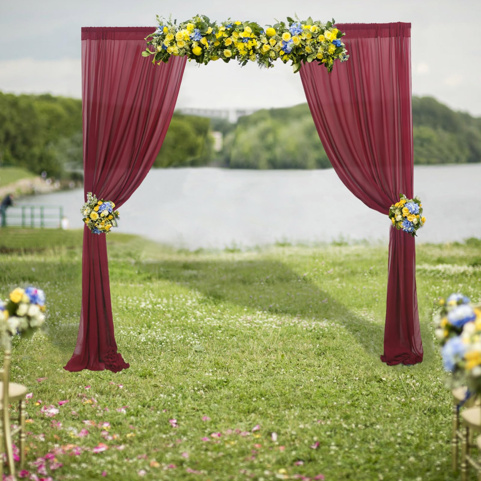 Duobao Burgundy Chiffon Backdrop Curtain 29X108 Inch 2 Panels Sheer Backdrop Semi Sheer Backdrop Curtains 108 Inches Long Burgun