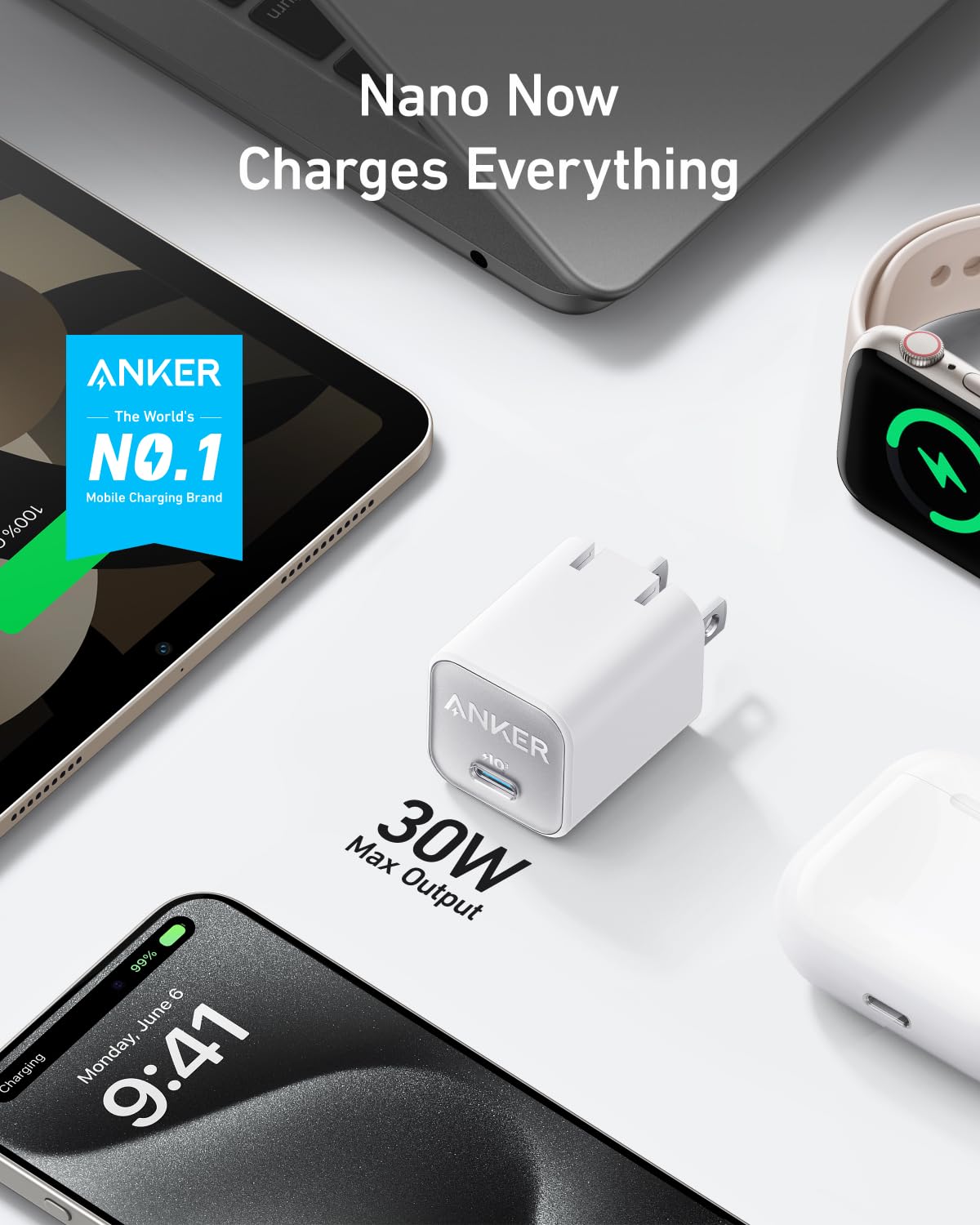 Anker Nano Charger, Usb C Gan Charger 30W, Piq 3.0 Foldable Pps Fast Charger For Iphone 16 / 15 And More Series, Galaxy, Ipad, C