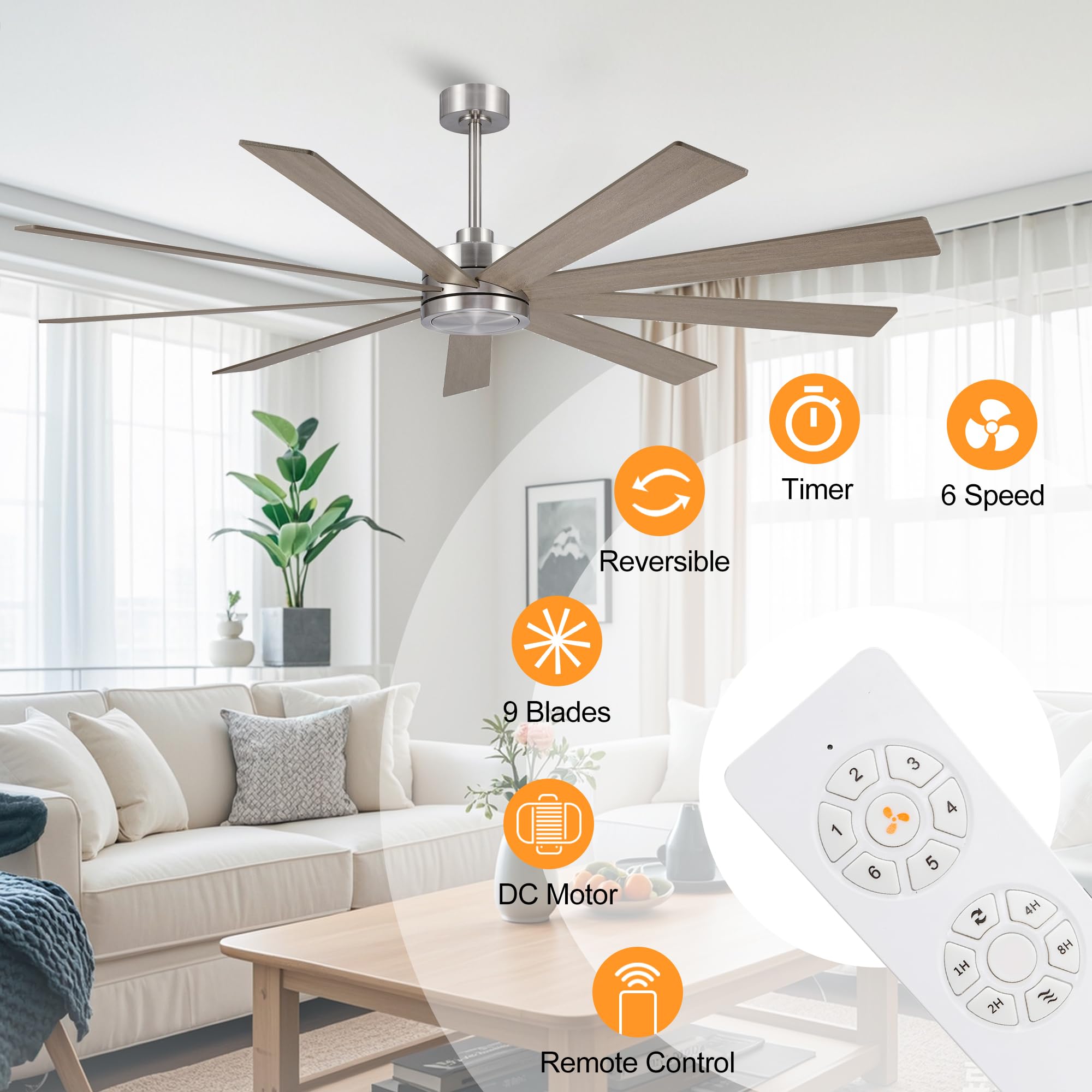 Elehinser 72'' Ceiling Fan No Light, 6 Speed Noiseless Reversible Dc Motor, 9 Blades Industrial Ceiling Fan With Remote And 4.5'