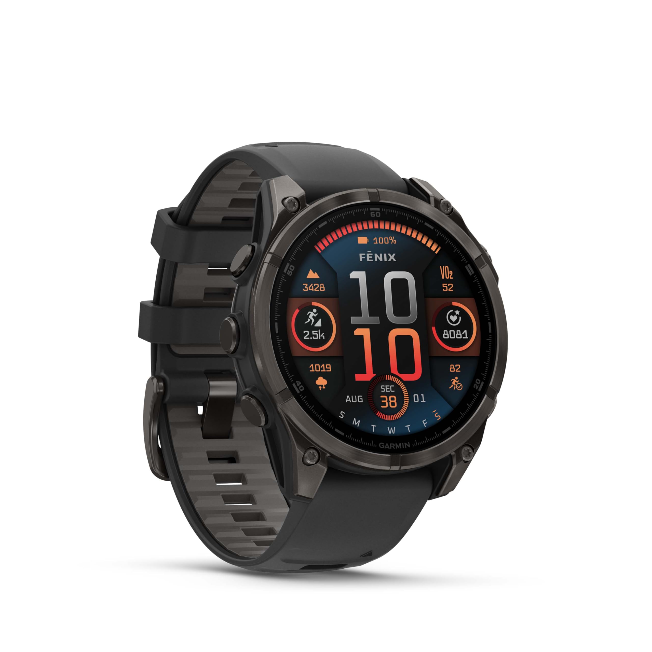 Garmin Fenix 8 47Mm Amoled Sapphire Premium Multisport Gps Smartwatch Carbon Gray Dlc Titanium With Black Gray Silicone Band, Bu