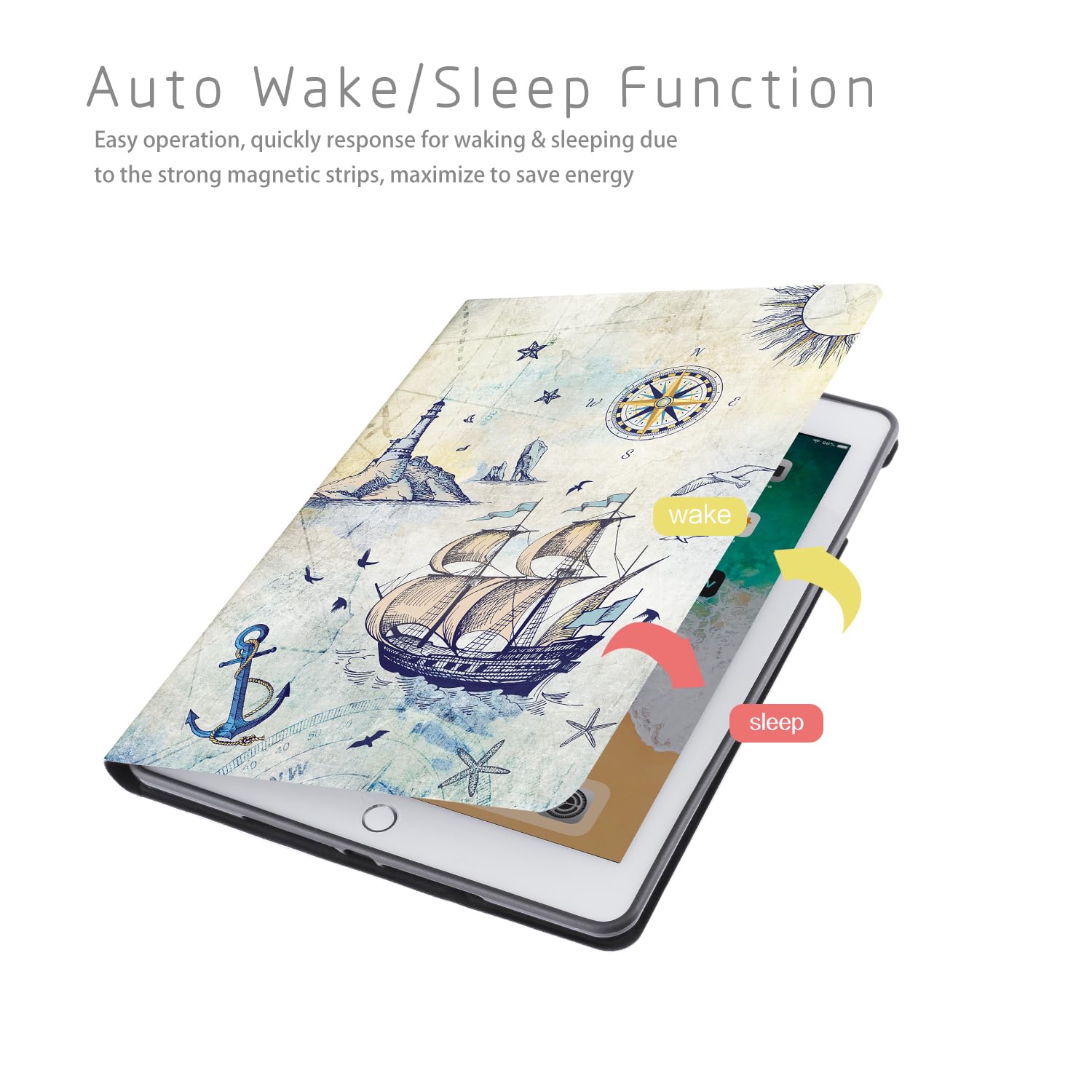 Ipad 6Th Generation Case, Ipad 5Th Generation Case, Ipad Air 2/Air 1 Case, Ipad 9.7 Case Ocean Anchor Compass Adjustable Angles