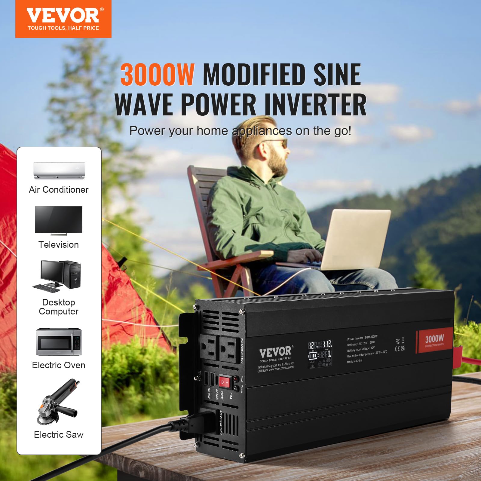Vevor Modified Sine Wave Inverter, 3000Watt Power Inverter Dc 12V To Ac 120V Lcd Display With 3 Ac Outlets 2 Usb Port 1 Type-C P