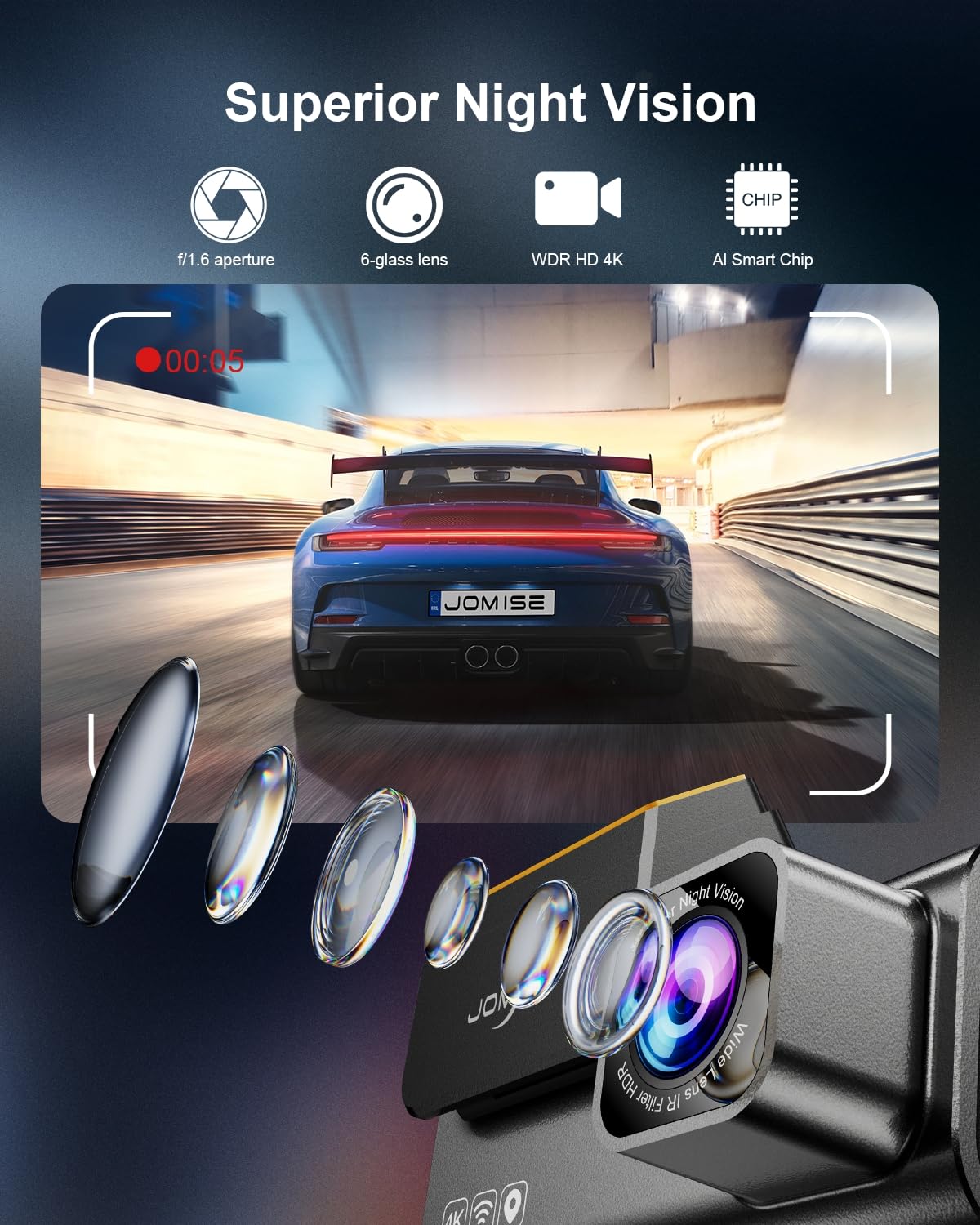 Jomise 4K Dash Cam Front And Rear, 3.16    Ips Touch Screen, 64Gb Card Included, Dual Dash Camera For Cars, Built In Gps Wi Fi,