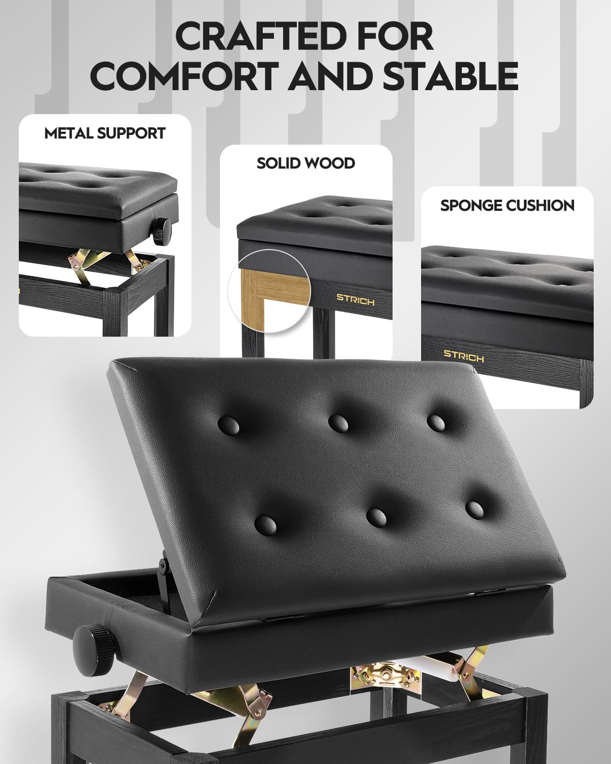 Strich Adjustable Piano Bench With Storage, Wooden Keyboard Bench With Bookcase Stool Chair Seat With High-Density Sponges Cushi