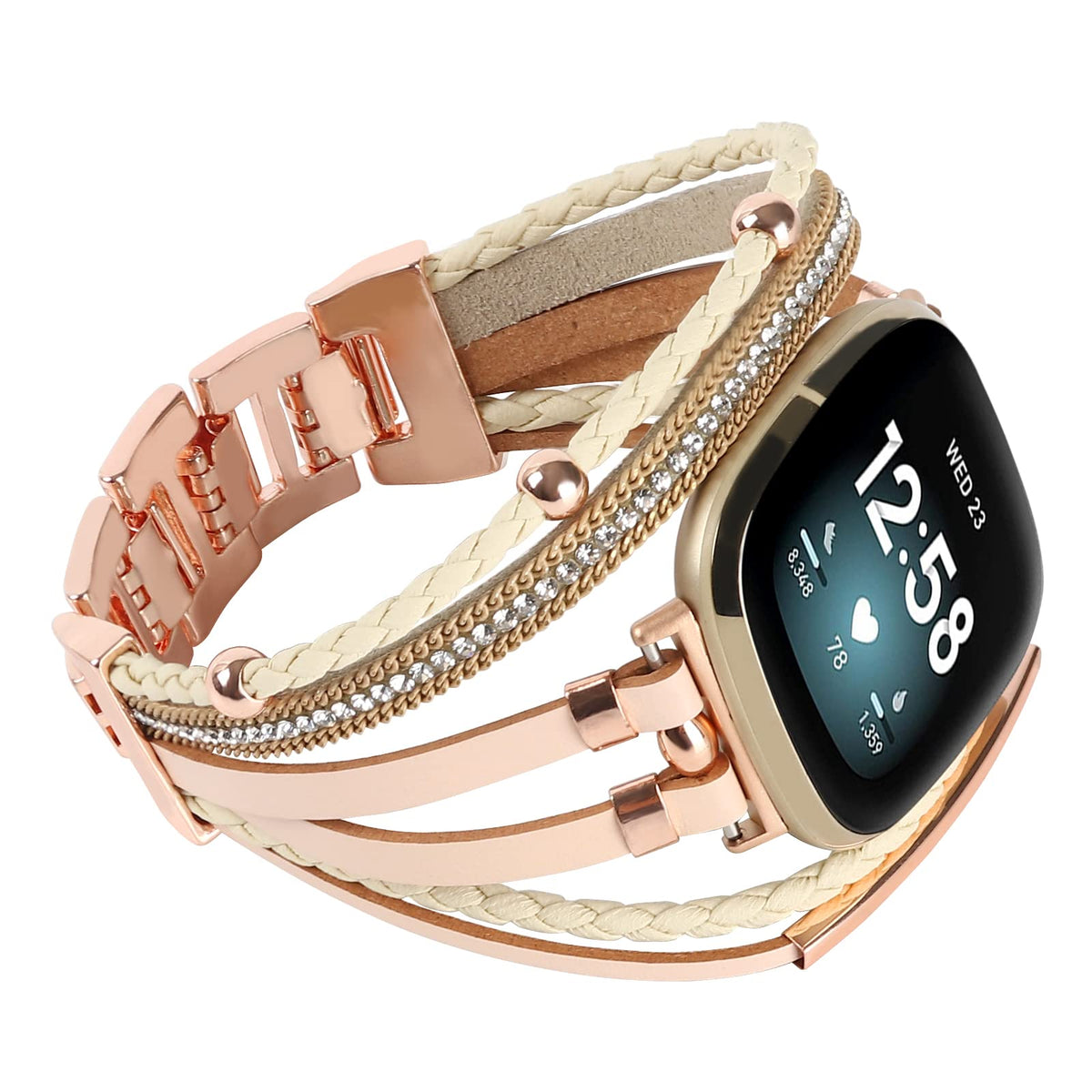 Posh Leather Bands Compatible With Fitbit Versa 3Fitbit Sense, Women Boho Stylish Multilayer Wrap Bracelets Wristband, Handmade 