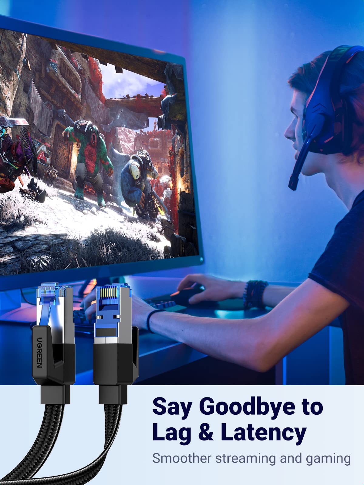 Ugreen Cat 8 Ethernet Cable 6Ft, Flat High Speed 40Gbps 2000Mhz Internet Cable 26Awg Braided Network Cord Rj45 Shielded Indoor L