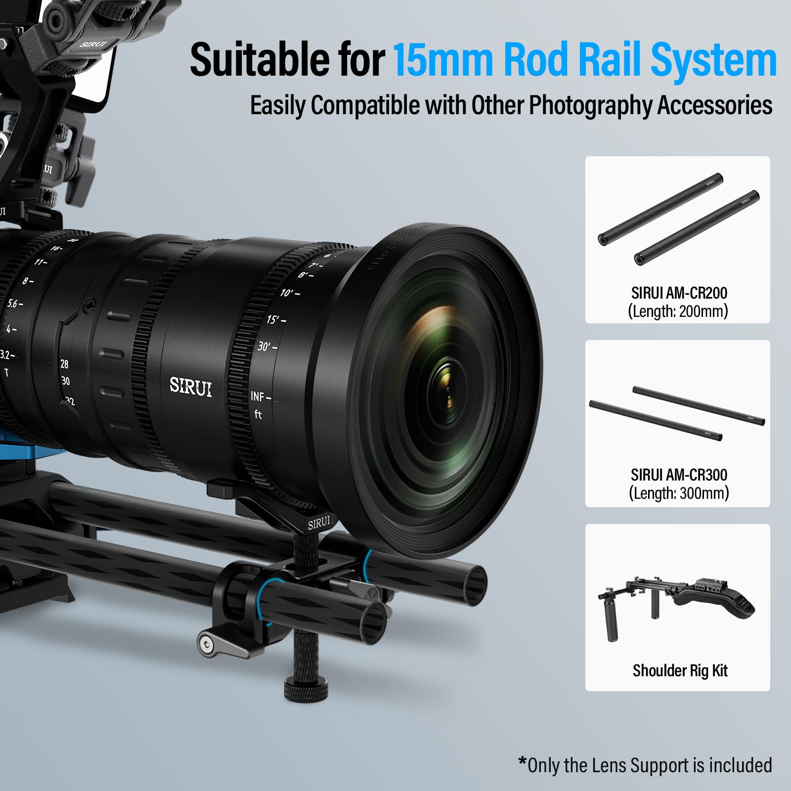 Sirui Camera Lens Support, Universal 15Mm Rail Telephoto Long Lens Support Bracket With Vertical And Horizontal Adjustment, 3 Extension Rods Lens Holder For Dslr Camera Shoulder Rig, Am Lb35