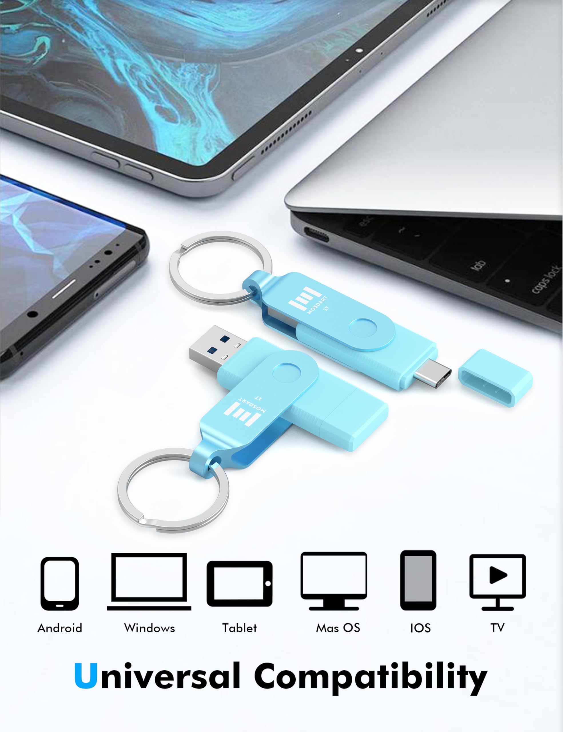 mosDART 1TB USB C Dual Flash Drive - 150MB/s Speed, Light Blue, Model UD211C for Android, iPhone 15/16, MacBook, iPad,