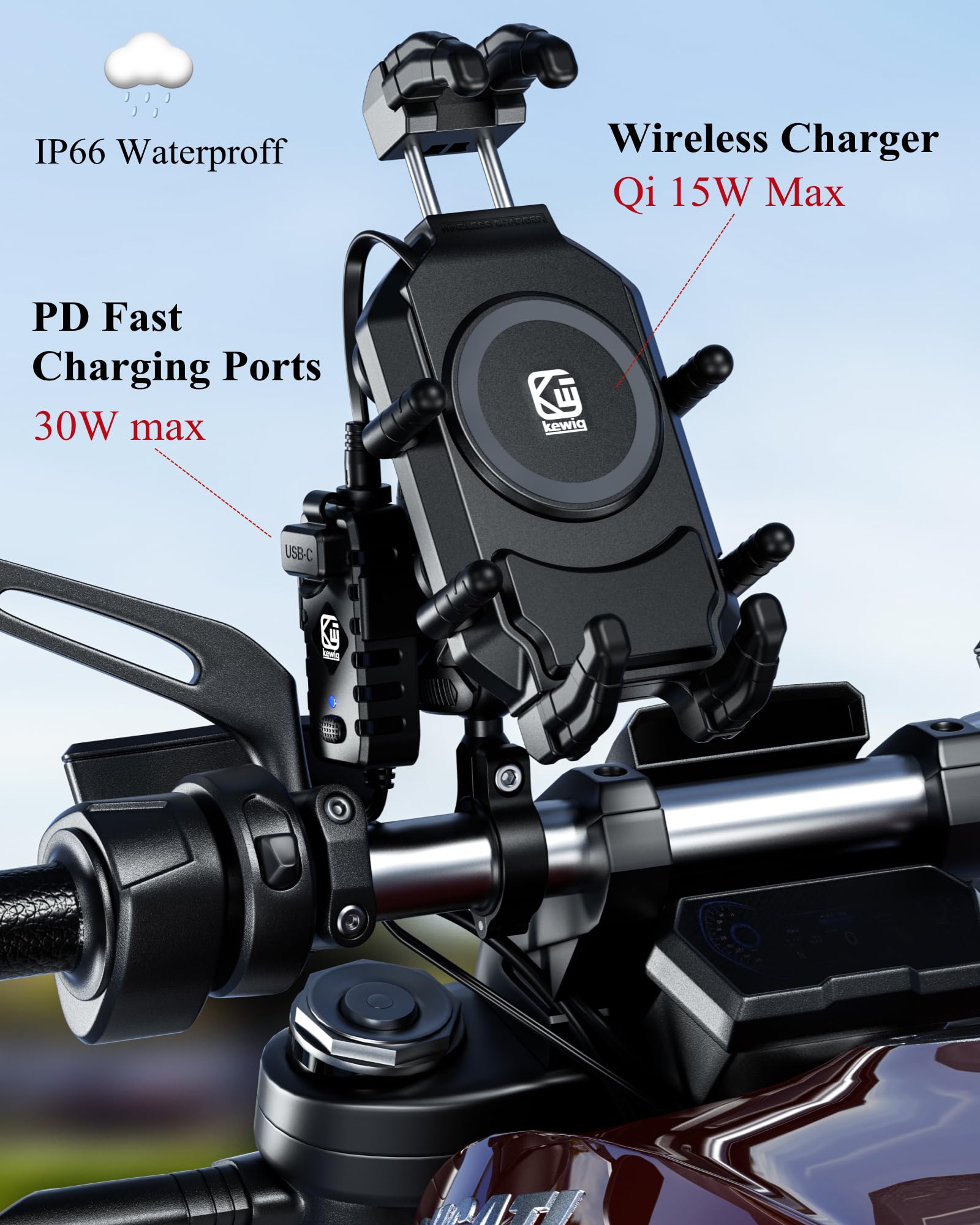 Brcovan Motorcycle Phone Mount With Qi 15W Wireless Charger & 30W Pd/Usb C Fast Charging Port, Anti Theft Motorcycle Handlebar C