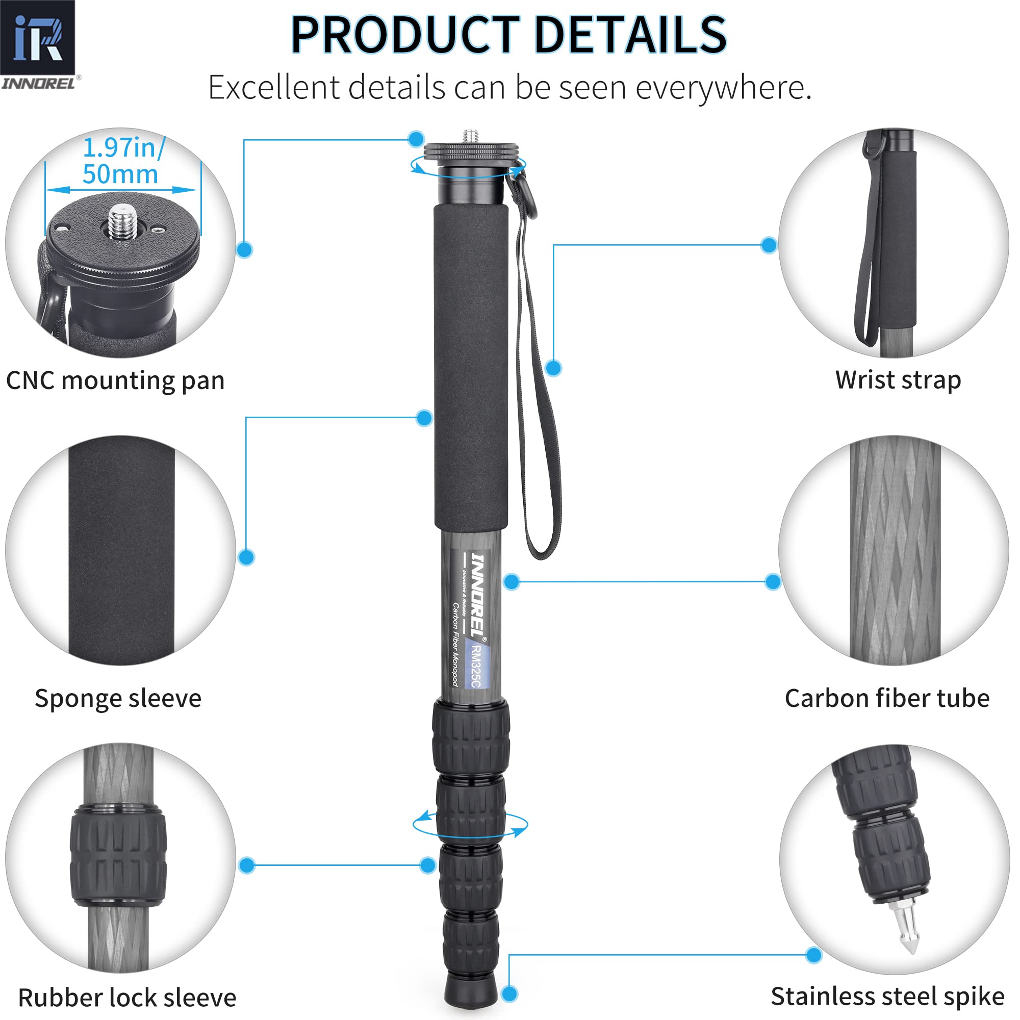 Carbon Fiber Camera Monopod Innorel Rm325C Professional Portable Compact Lightweight Travel 5 Section Monopod For Canon Nikon Sony Dslr Camera Video Camcorder Dv Photography Bracket Load 26Lbs/12Kg