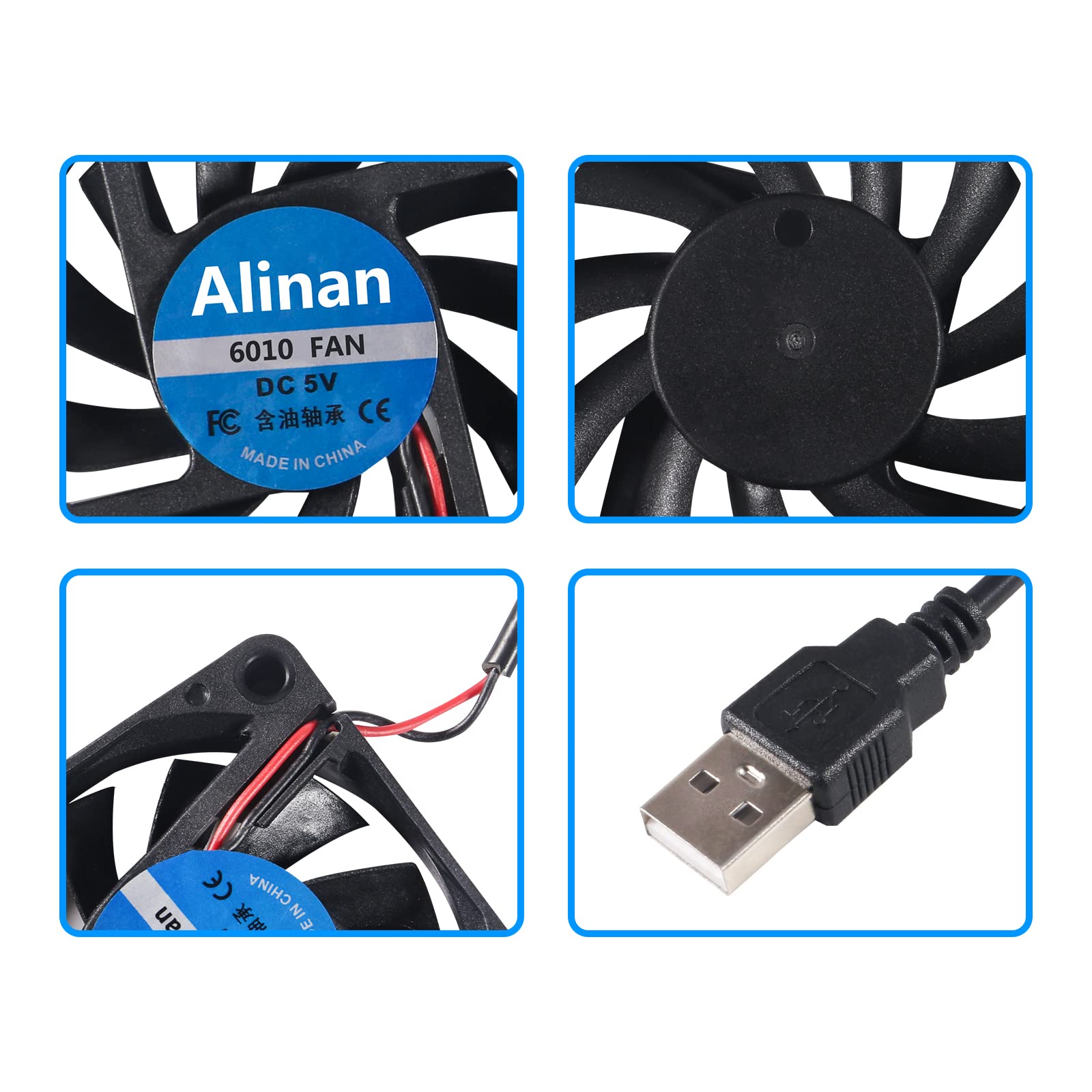 Alinan 4Pcs 6010 5V Fan Usb Port 60X60X10Mm 2 Pin Sleeve Bearing Brushless Dc Cooling Fan 3D Printer Cooling Fan Computer Fan