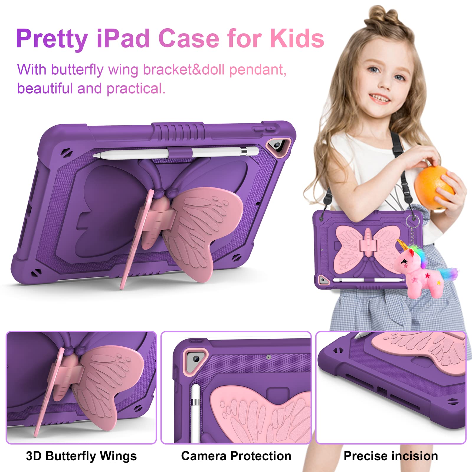 Vofuoe For Ipad 6Th/5Th Generation Case With Screen Protector For Ipad 9.7 Case 2018 2017 Butterfly Stand Strap Dolls Pencil Hol