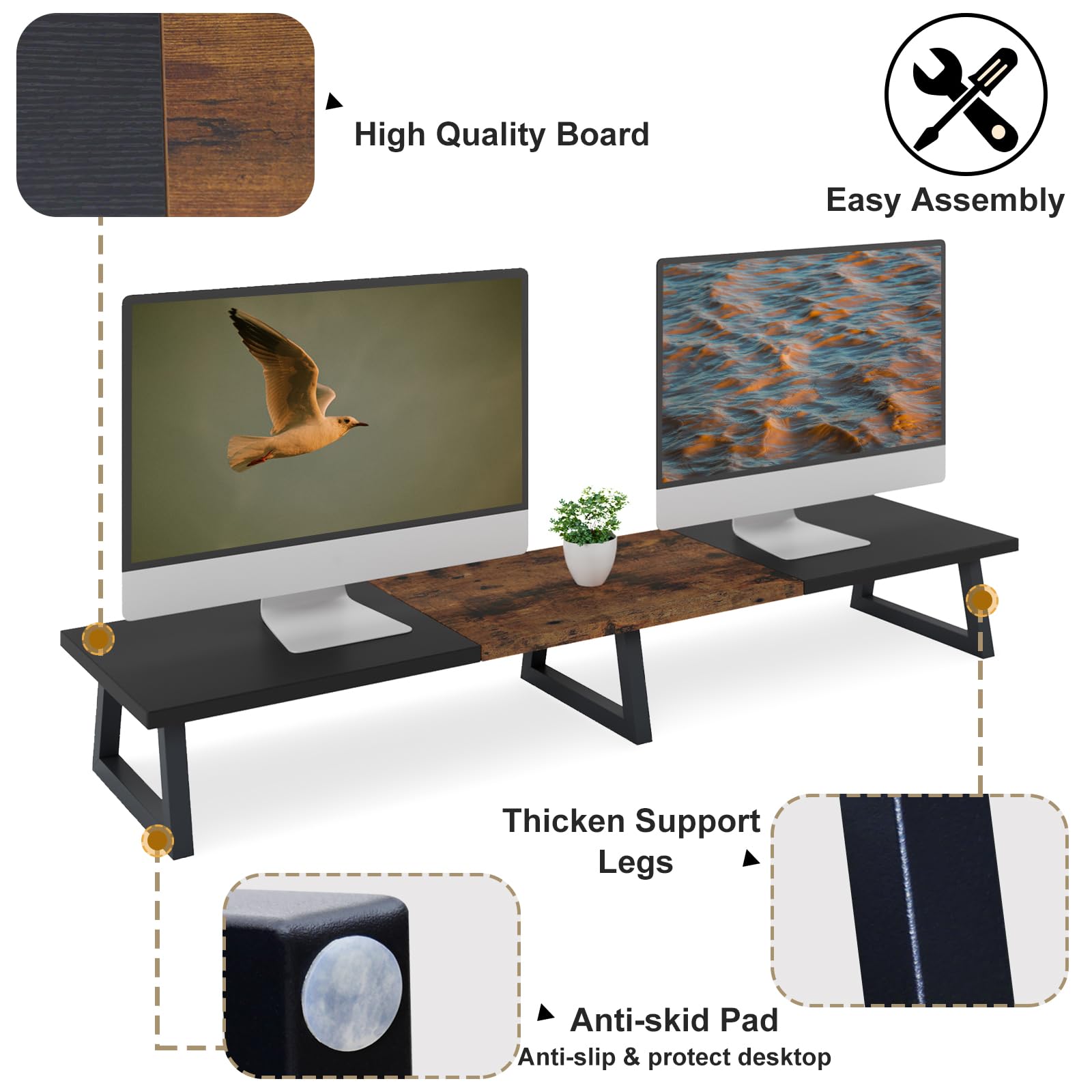TEAMIX Dual Monitor Riser Stand, 42 Inch Wood & Steel Desktop Organizer, Black+Brown, Model DS100BE
