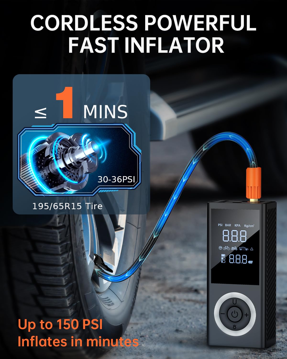 Tire Inflator Portable Air Compressor, Cordless 150 Psi Air Pump With Rechargeable Battery, Tire Pressure Gauge, 12V Car Power A