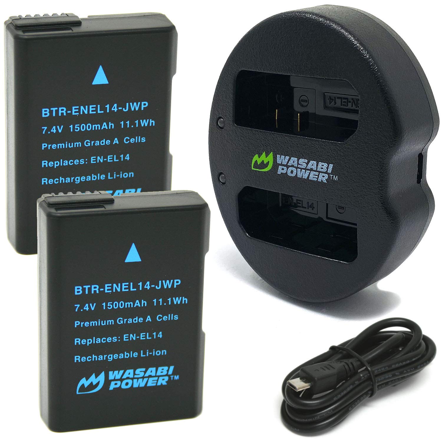 Wasabi Power Battery (2 Pack) & Dual Charger for Nikon EN EL14, EN EL14a & Nikon D3100, D3200, D3300, D3400, D3500, D5100, D5200, D5300, D5500, D5600, Df, Coolpix P7100, Coolpix P7700, Coolpix P7800