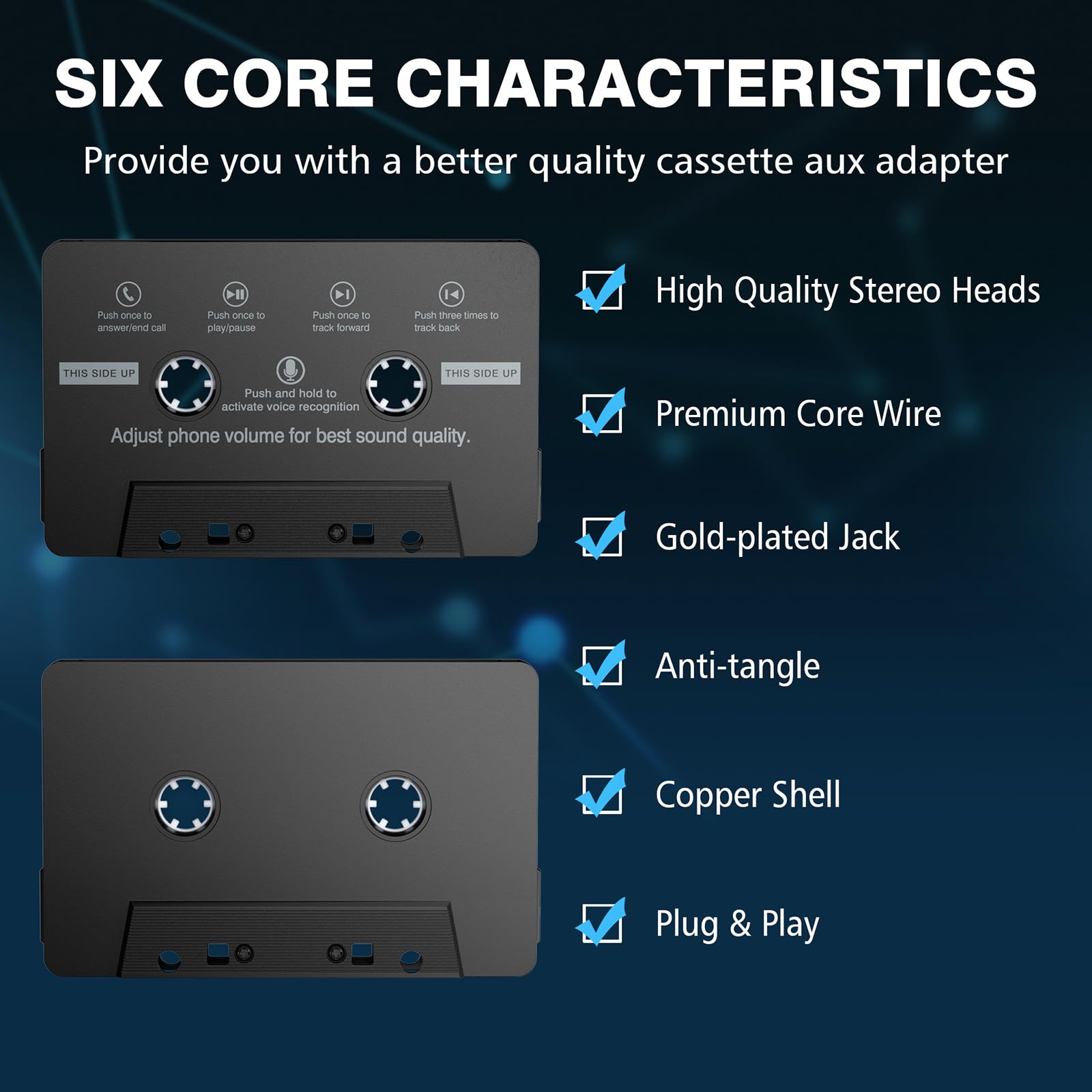 Car Cassette Aux Adapter With Microphone, 3.5Mm Cable Audio Cassette Tape Adapter Player For Car, Mp3, Phone, 3.2 Feet Cable