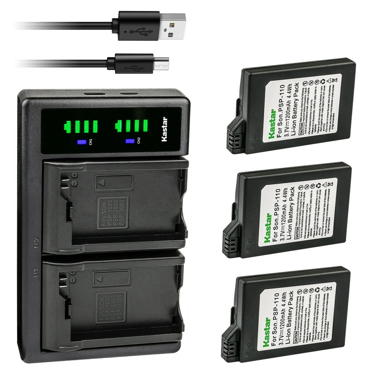 Kastar 3-Pack PSP 110 Battery and LTD2 USB Charger Replacement for Sony PSP3001 PSP3002 PSP3003 PSP3004 PSP3005 PSP3006 PSP3007 